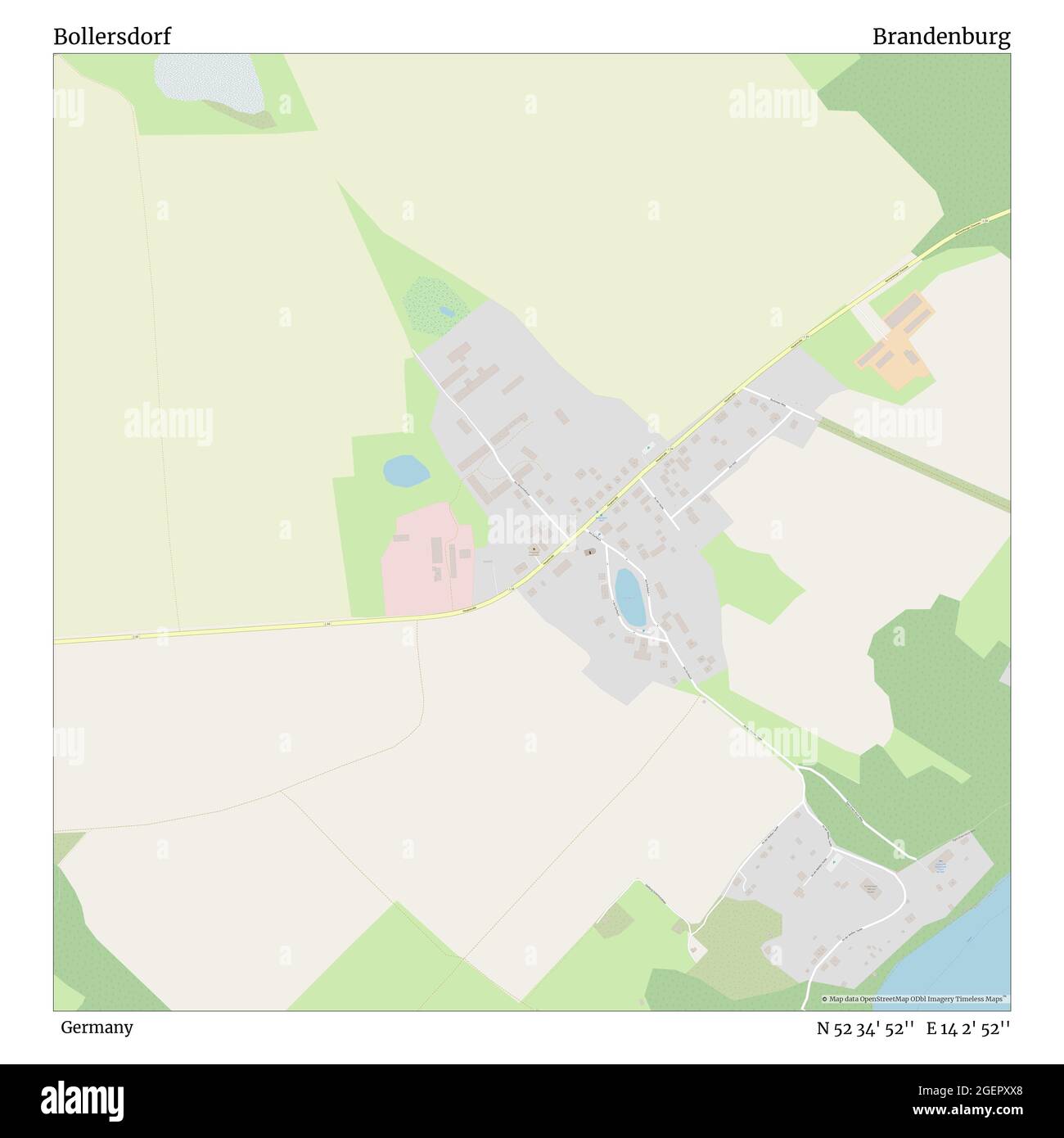 Bollersdorf, Germania, Brandeburgo, N 52 34' 52'', e 14 2' 52''', mappa, mappa senza tempo pubblicata nel 2021. Viaggiatori, esploratori e avventurieri come Florence Nightingale, David Livingstone, Ernest Shackleton, Lewis and Clark e Sherlock Holmes si sono affidati alle mappe per pianificare i viaggi verso gli angoli più remoti del mondo, Timeless Maps sta mappando la maggior parte delle località del mondo, mostrando il successo di grandi sogni Foto Stock