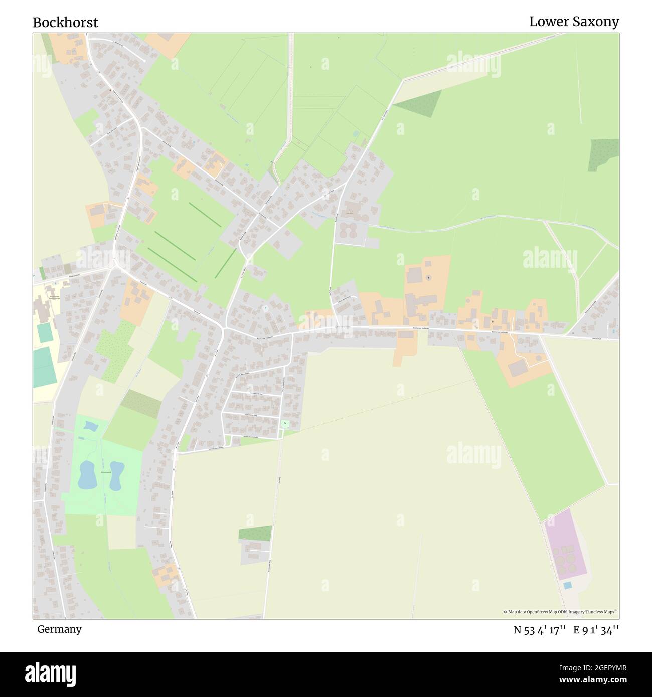 Bockhorst, Germania, bassa Sassonia, N 53 4' 17'', e 9 1' 34''', mappa, mappa senza tempo pubblicata nel 2021. Viaggiatori, esploratori e avventurieri come Florence Nightingale, David Livingstone, Ernest Shackleton, Lewis and Clark e Sherlock Holmes si sono affidati alle mappe per pianificare i viaggi verso gli angoli più remoti del mondo, Timeless Maps sta mappando la maggior parte delle località del mondo, mostrando il successo di grandi sogni Foto Stock