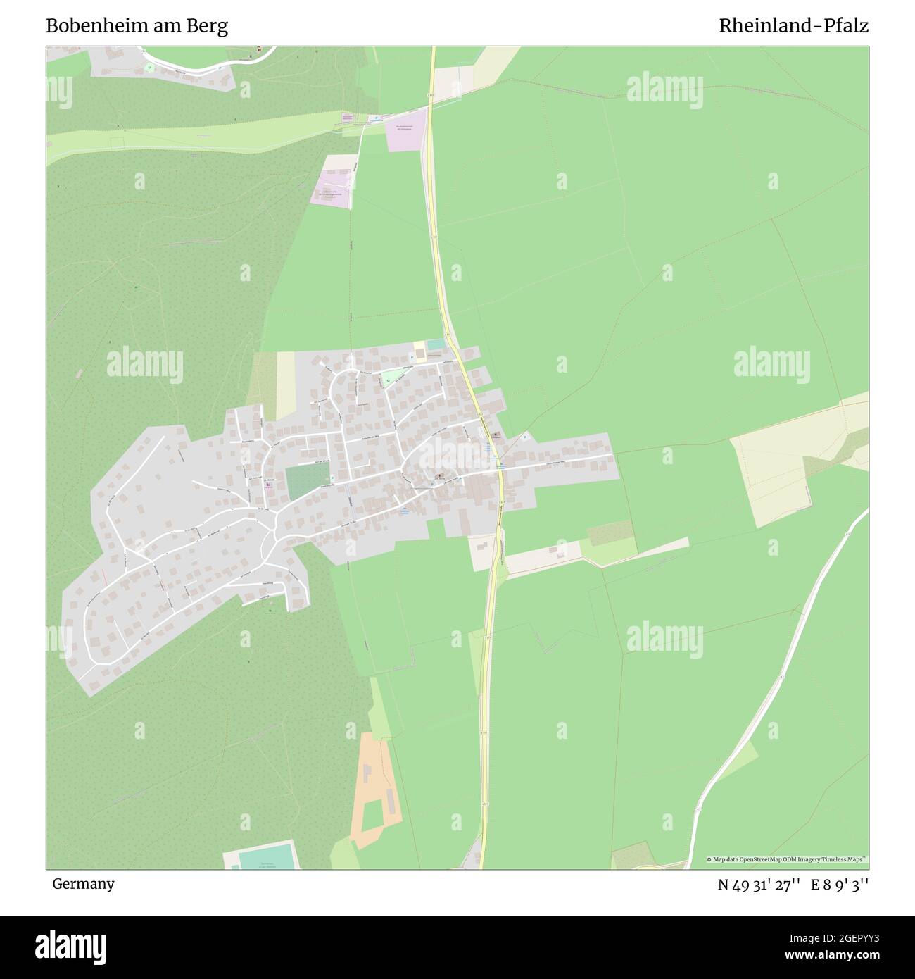 Bobenheim am Berg, Germania, Rheinland-Pfalz, N 49 31' 27'', e 8 9' 3'', mappa, mappa senza tempo pubblicata nel 2021. Viaggiatori, esploratori e avventurieri come Florence Nightingale, David Livingstone, Ernest Shackleton, Lewis and Clark e Sherlock Holmes si sono affidati alle mappe per pianificare i viaggi verso gli angoli più remoti del mondo, Timeless Maps sta mappando la maggior parte delle località del mondo, mostrando il successo di grandi sogni Foto Stock