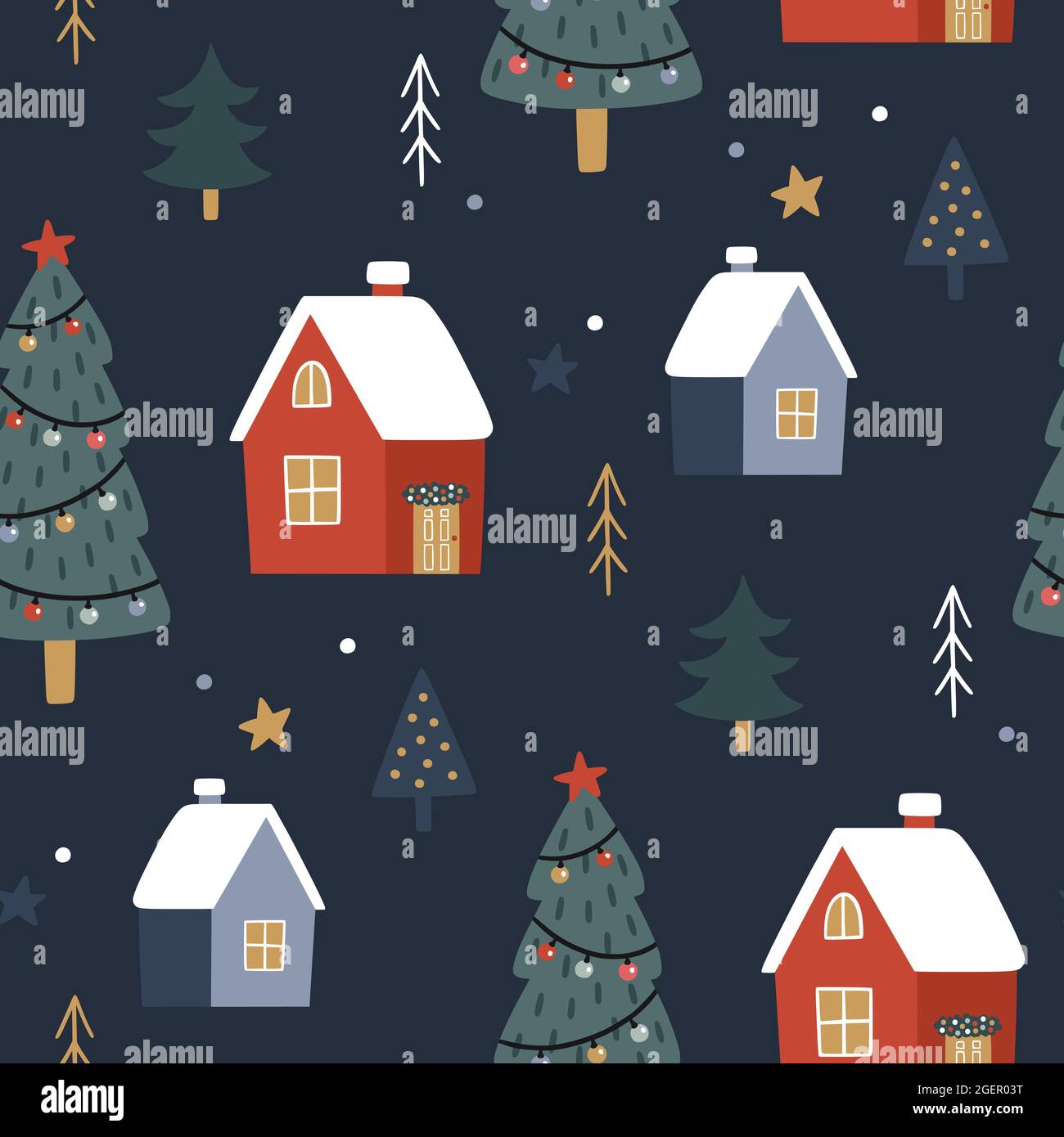 Natale senza cuciture modello con albero di natale e case su sfondo blu scuro. Illustrazione vettoriale disegnata a mano. Vacanza senza fine texture. Illustrazione Vettoriale