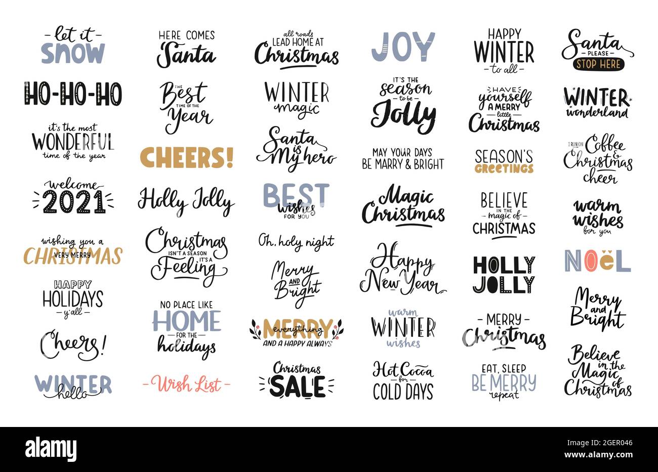 Set di lettere per Natale e Felice anno nuovo. Citazioni e frasi di vacanza disegnate a mano. Illustrazione vettoriale per striscioni, poster, adesivi, biglietti. Illustrazione Vettoriale