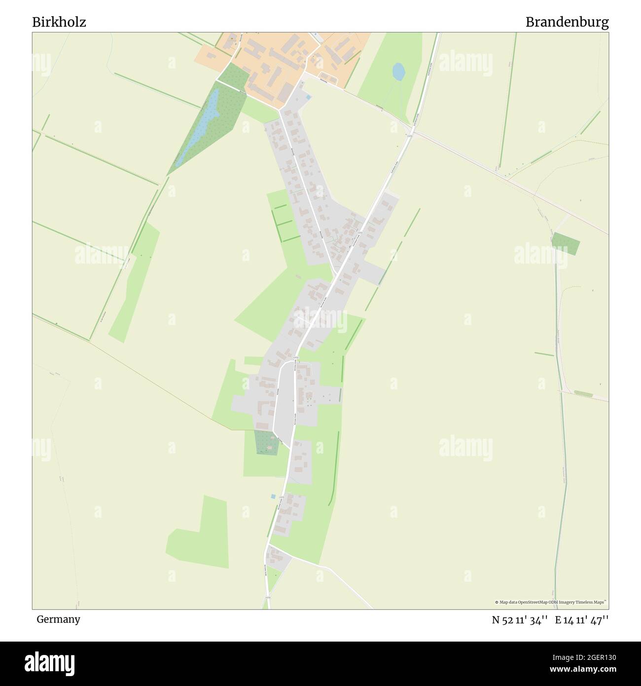 Birkholz, Germania, Brandeburgo, N 52 11' 34'', e 14 11' 47''', mappa, mappa senza tempo pubblicata nel 2021. Viaggiatori, esploratori e avventurieri come Florence Nightingale, David Livingstone, Ernest Shackleton, Lewis and Clark e Sherlock Holmes si sono affidati alle mappe per pianificare i viaggi verso gli angoli più remoti del mondo, Timeless Maps sta mappando la maggior parte delle località del mondo, mostrando il successo di grandi sogni Foto Stock