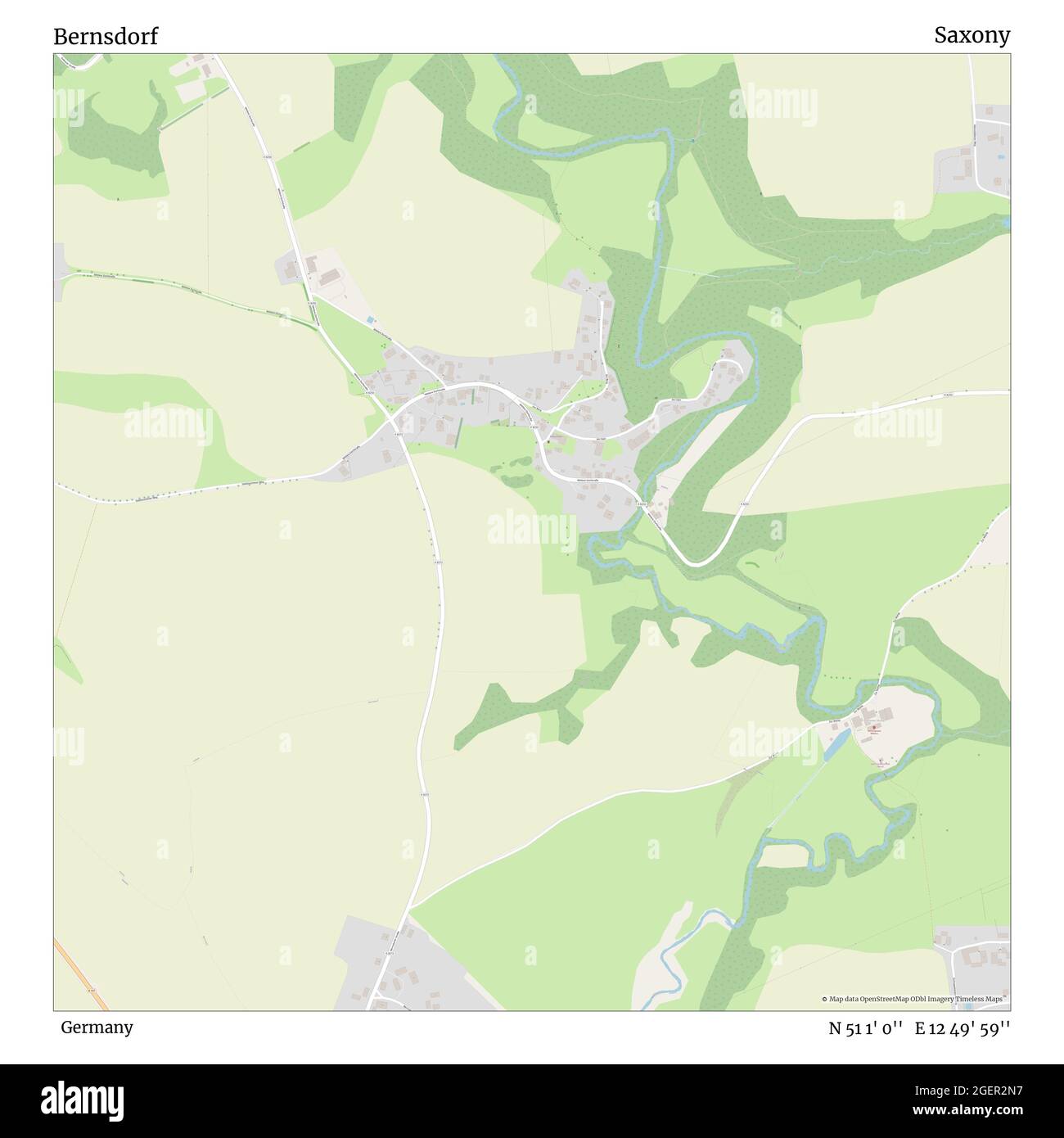 Bernsdorf, Germania, Sassonia, N 51 1' 0''', e 12 49' 59''', mappa, mappa senza tempo pubblicata nel 2021. Viaggiatori, esploratori e avventurieri come Florence Nightingale, David Livingstone, Ernest Shackleton, Lewis and Clark e Sherlock Holmes si sono affidati alle mappe per pianificare i viaggi verso gli angoli più remoti del mondo, Timeless Maps sta mappando la maggior parte delle località del mondo, mostrando il successo di grandi sogni Foto Stock