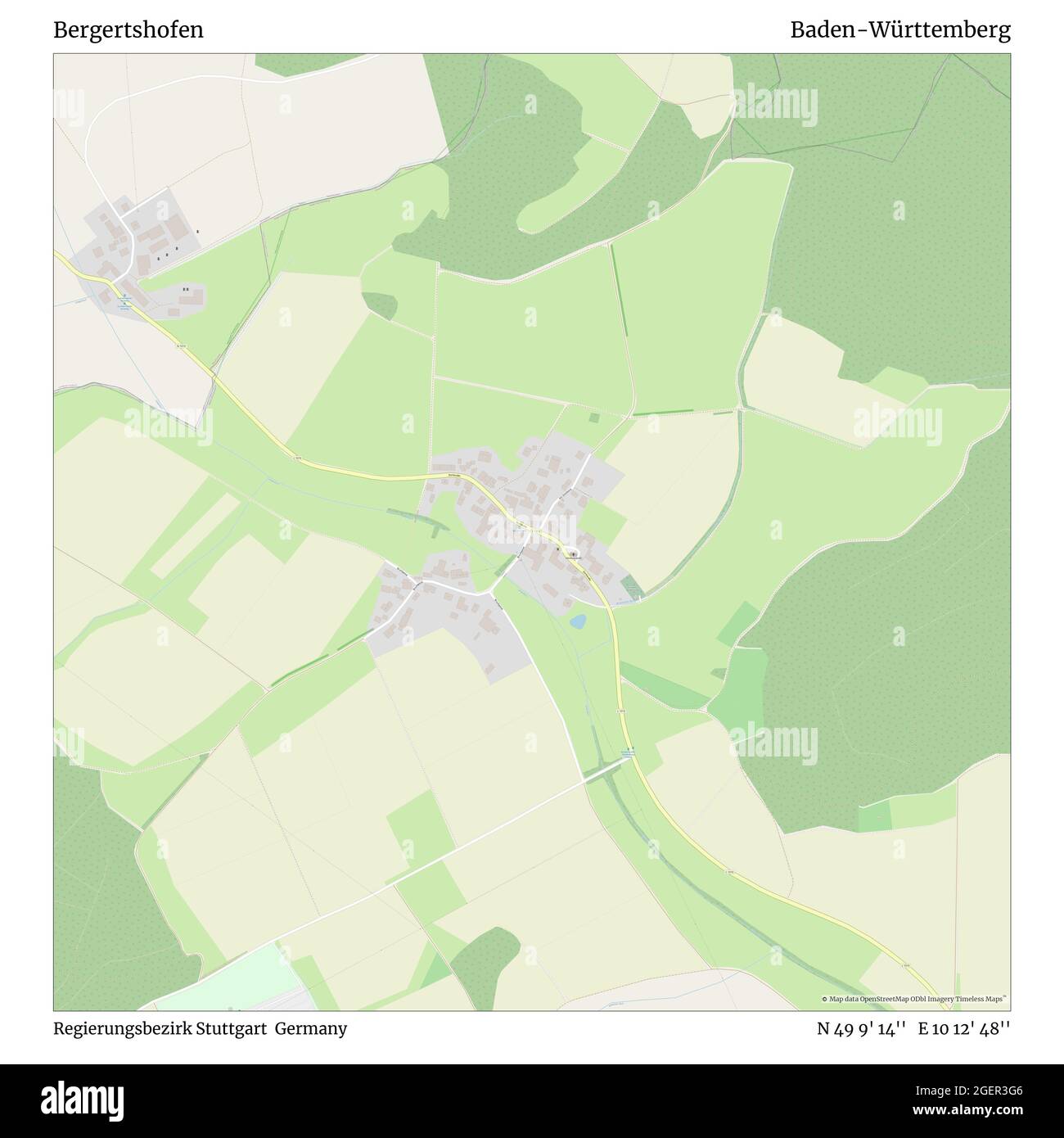 Bergertshofen, Regierungsbezirk Stuttgart, Germania, Baden-Württemberg, N 49 9' 14'', e 10 12' 48''', mappa, Mappa senza tempo pubblicata nel 2021. Viaggiatori, esploratori e avventurieri come Florence Nightingale, David Livingstone, Ernest Shackleton, Lewis and Clark e Sherlock Holmes si sono affidati alle mappe per pianificare i viaggi verso gli angoli più remoti del mondo, Timeless Maps sta mappando la maggior parte delle località del mondo, mostrando il successo di grandi sogni Foto Stock