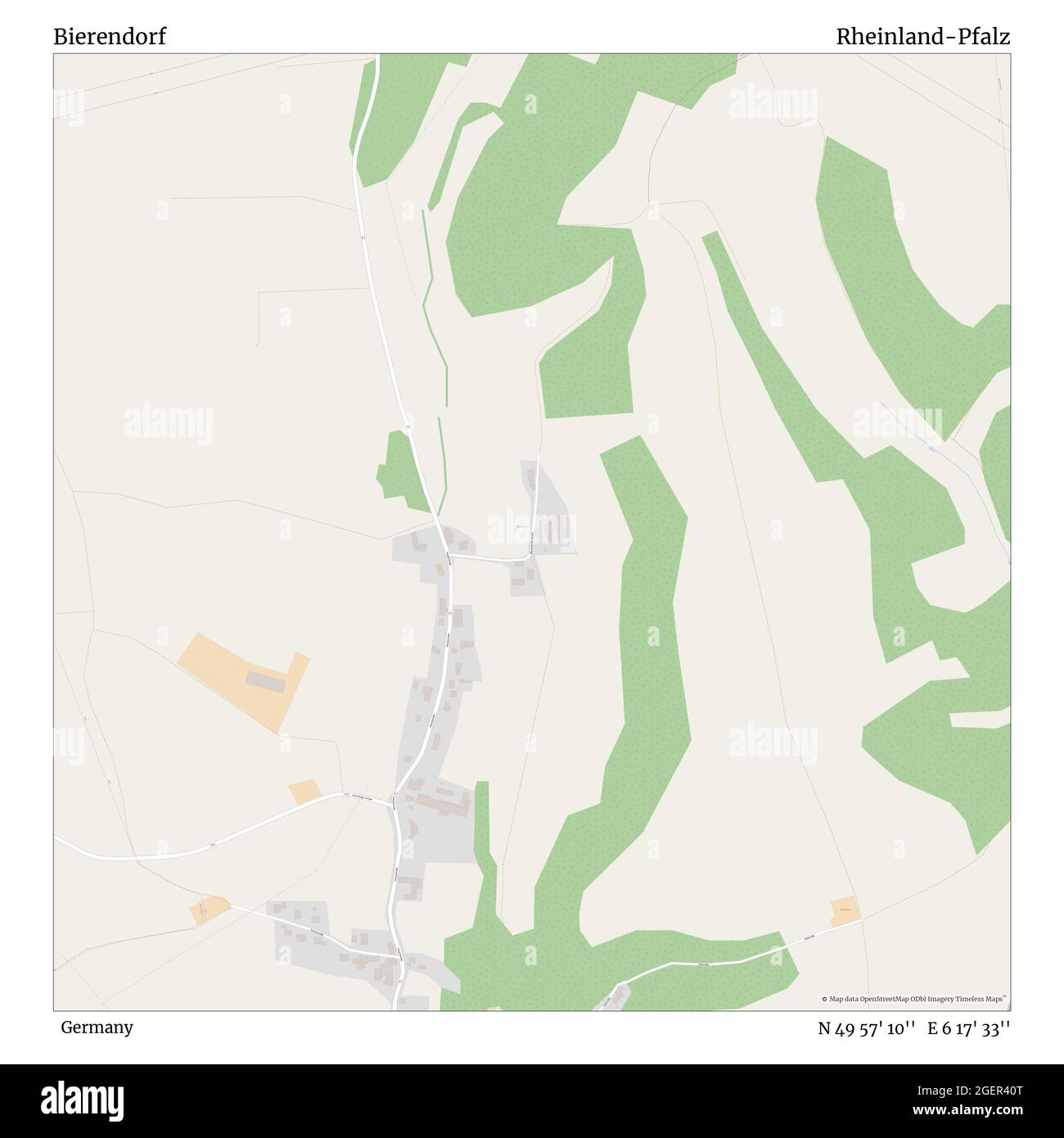 Bierendorf, Germania, Rheinland-Pfalz, N 49 57' 10'', e 6 17' 33''', mappa, mappa senza tempo pubblicata nel 2021. Viaggiatori, esploratori e avventurieri come Florence Nightingale, David Livingstone, Ernest Shackleton, Lewis and Clark e Sherlock Holmes si sono affidati alle mappe per pianificare i viaggi verso gli angoli più remoti del mondo, Timeless Maps sta mappando la maggior parte delle località del mondo, mostrando il successo di grandi sogni Foto Stock