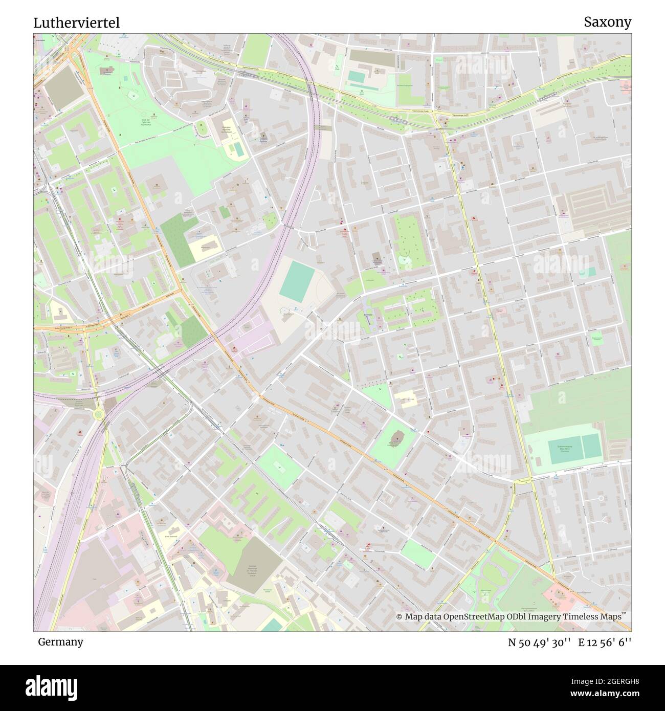 Lutherviertel, Germania, Sassonia, N 50 49' 30'', e 12 56' 6'', mappa, mappa senza tempo pubblicata nel 2021. Viaggiatori, esploratori e avventurieri come Florence Nightingale, David Livingstone, Ernest Shackleton, Lewis and Clark e Sherlock Holmes si sono affidati alle mappe per pianificare i viaggi verso gli angoli più remoti del mondo, Timeless Maps sta mappando la maggior parte delle località del mondo, mostrando il successo di grandi sogni Foto Stock