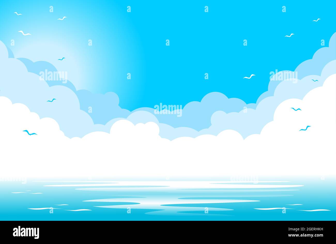 Cielo blu con nuvole e silhouette di gabbiani sul mare blu. Illustrazione, sfondo vettoriale Illustrazione Vettoriale
