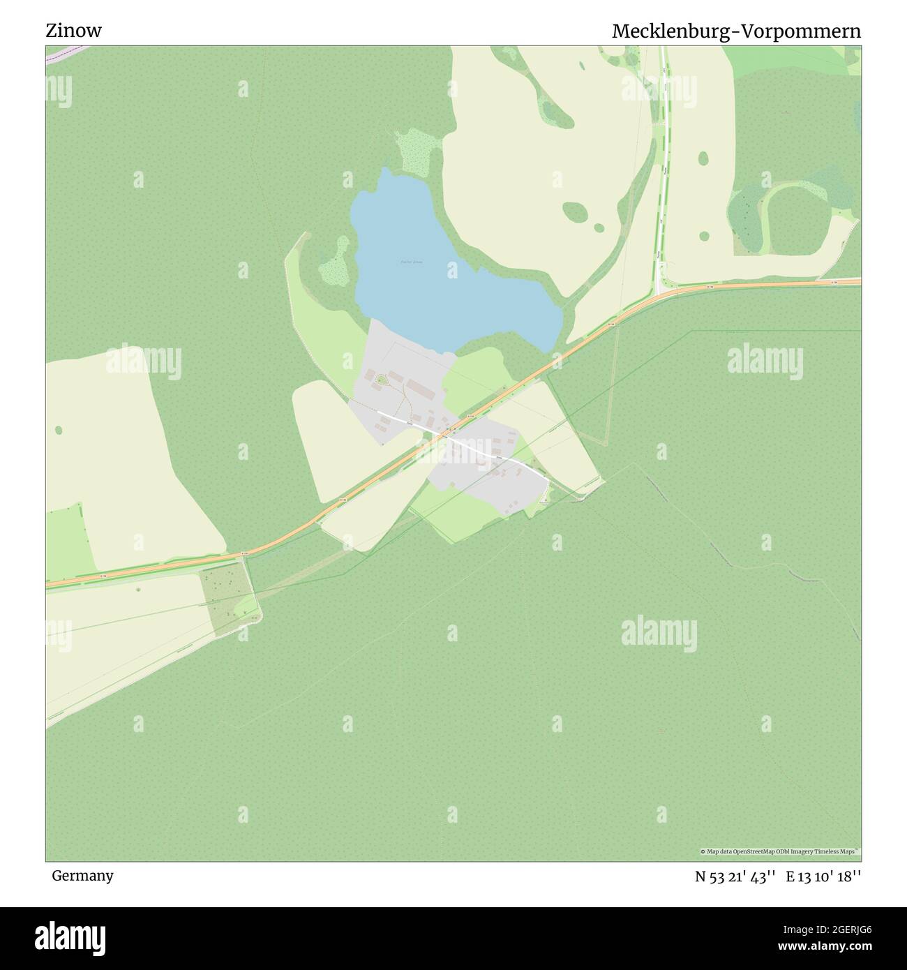 Zinow, Germania, Mecklenburg-Vorpommern, N 53 21' 43'', e 13 10' 18''', mappa, mappa senza tempo pubblicata nel 2021. Viaggiatori, esploratori e avventurieri come Florence Nightingale, David Livingstone, Ernest Shackleton, Lewis and Clark e Sherlock Holmes si sono affidati alle mappe per pianificare i viaggi verso gli angoli più remoti del mondo, Timeless Maps sta mappando la maggior parte delle località del mondo, mostrando il successo di grandi sogni Foto Stock