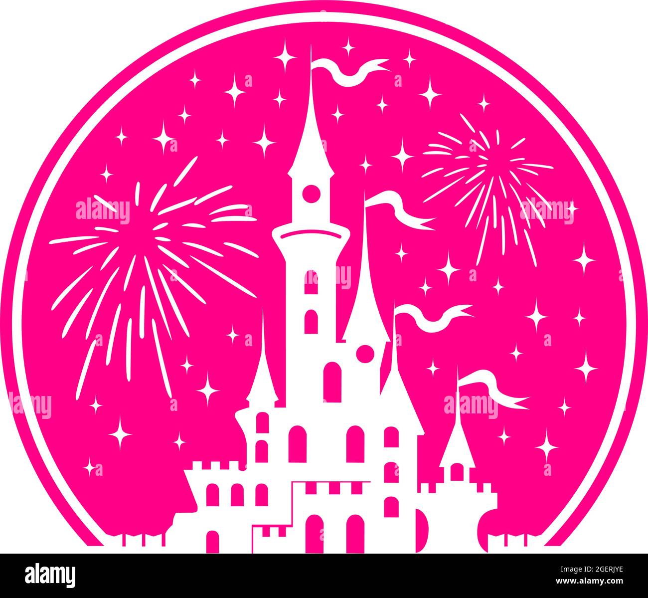 Silhouette del castello della principessa in cerchio. Fantasy rosa palazzo sullo sfondo di fuochi d'artificio e stelle. Palazzo reale Paradiso medievale fiabesco. Carto Illustrazione Vettoriale