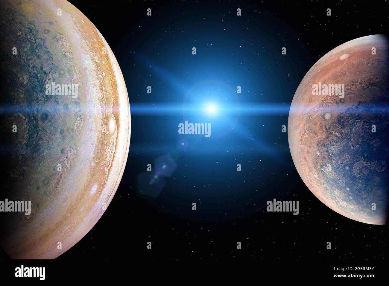 Pianeti alieni nello spazio esterno con alba blu. Elementi di questa immagine forniti dalla NASA. Foto Stock