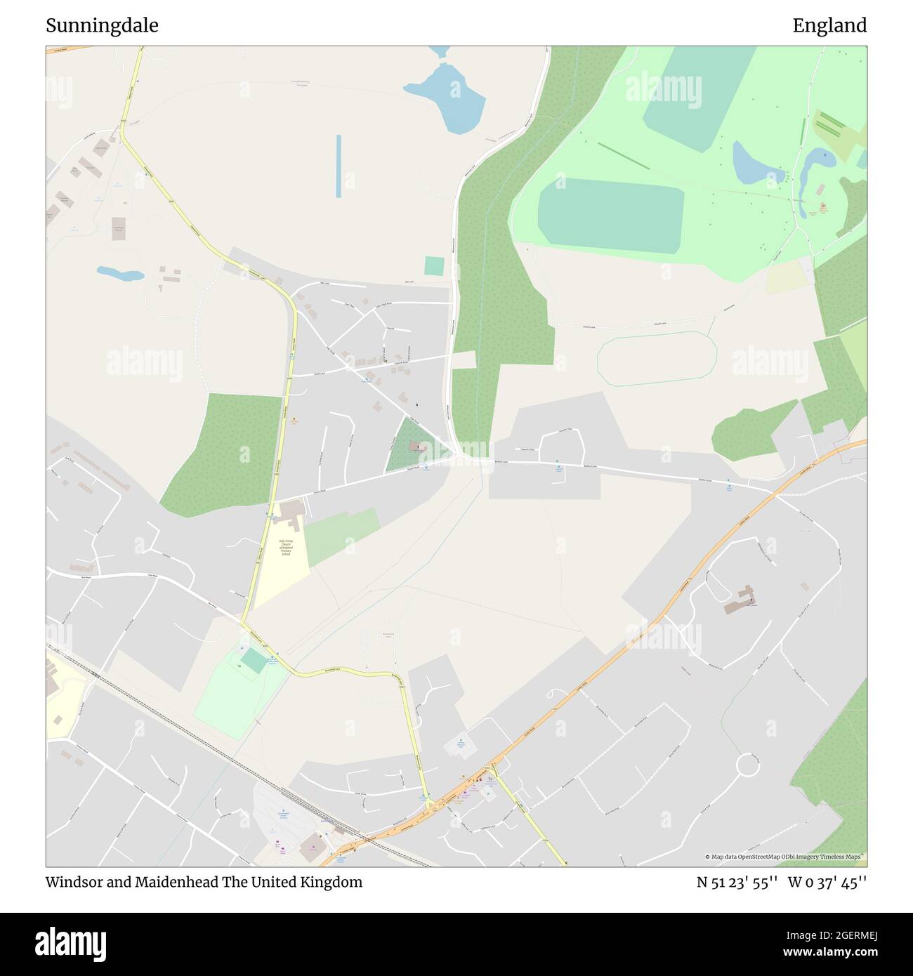 Sunningdale, Windsor e Maidenhead, Regno Unito, Inghilterra, N 51 23' 55'', W 0 37' 45''', mappa, mappa senza tempo pubblicata nel 2021. Viaggiatori, esploratori e avventurieri come Florence Nightingale, David Livingstone, Ernest Shackleton, Lewis and Clark e Sherlock Holmes si sono affidati alle mappe per pianificare i viaggi verso gli angoli più remoti del mondo, Timeless Maps sta mappando la maggior parte delle località del mondo, mostrando il successo di grandi sogni Foto Stock