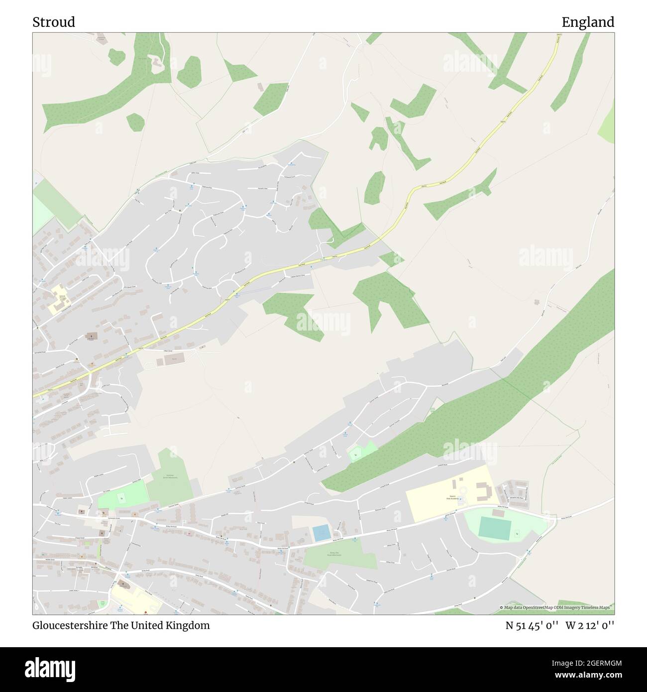 Stroud, Gloucestershire, Regno Unito, Inghilterra, N 51 45' 0'', W 2 12' 0''', mappa, Mappa senza tempo pubblicata nel 2021. Viaggiatori, esploratori e avventurieri come Florence Nightingale, David Livingstone, Ernest Shackleton, Lewis and Clark e Sherlock Holmes si sono affidati alle mappe per pianificare i viaggi verso gli angoli più remoti del mondo, Timeless Maps sta mappando la maggior parte delle località del mondo, mostrando il successo di grandi sogni Foto Stock