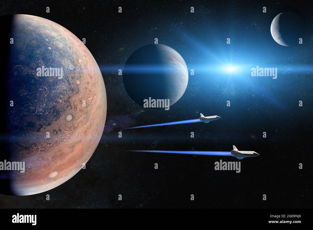 Pianeti alieni. Navette spaziali decollo su una missione. Elementi di questa immagine forniti dalla NASA. Foto Stock