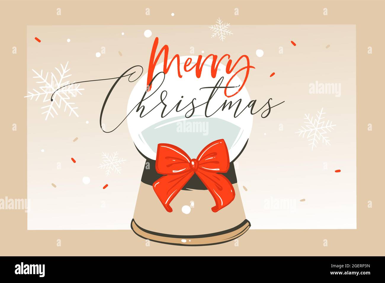 Vettore disegnato a mano astratto divertimento Merry Natale cartoon illustrazione cartoon biglietto di auguri con sfera di vetro neve globo e calligrafia xmas isolato sopra Illustrazione Vettoriale