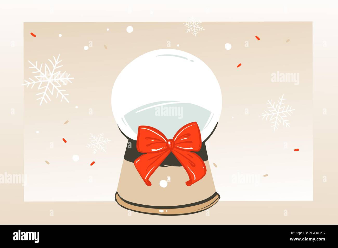 Vettoriale disegnato a mano astratto divertimento Merry Natale cartoon illustrazione cartoon biglietto di auguri con sfera di vetro neve globo e spazio di copia per il tuo testo Illustrazione Vettoriale