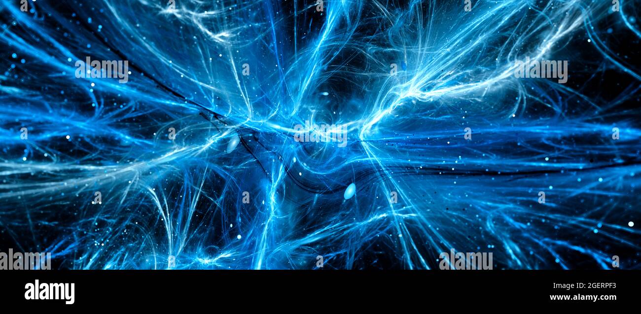 Blu incandescente vibrante energia interstellare forza campi banner, materia, antimateria materia scura ed energia scura, astratto frattale sfondo, computer gen Foto Stock
