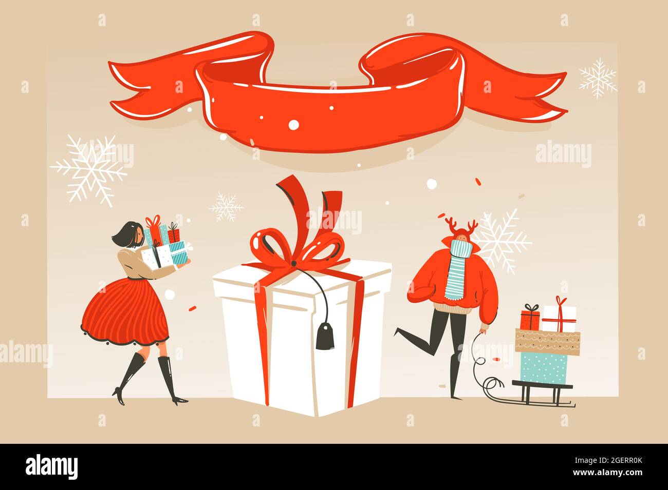 Vettore disegnato a mano astratto divertimento Merry Natale cartoon illustrazione biglietto di auguri con felice xmas mercato persone e nastro rosso con spazio copia Illustrazione Vettoriale