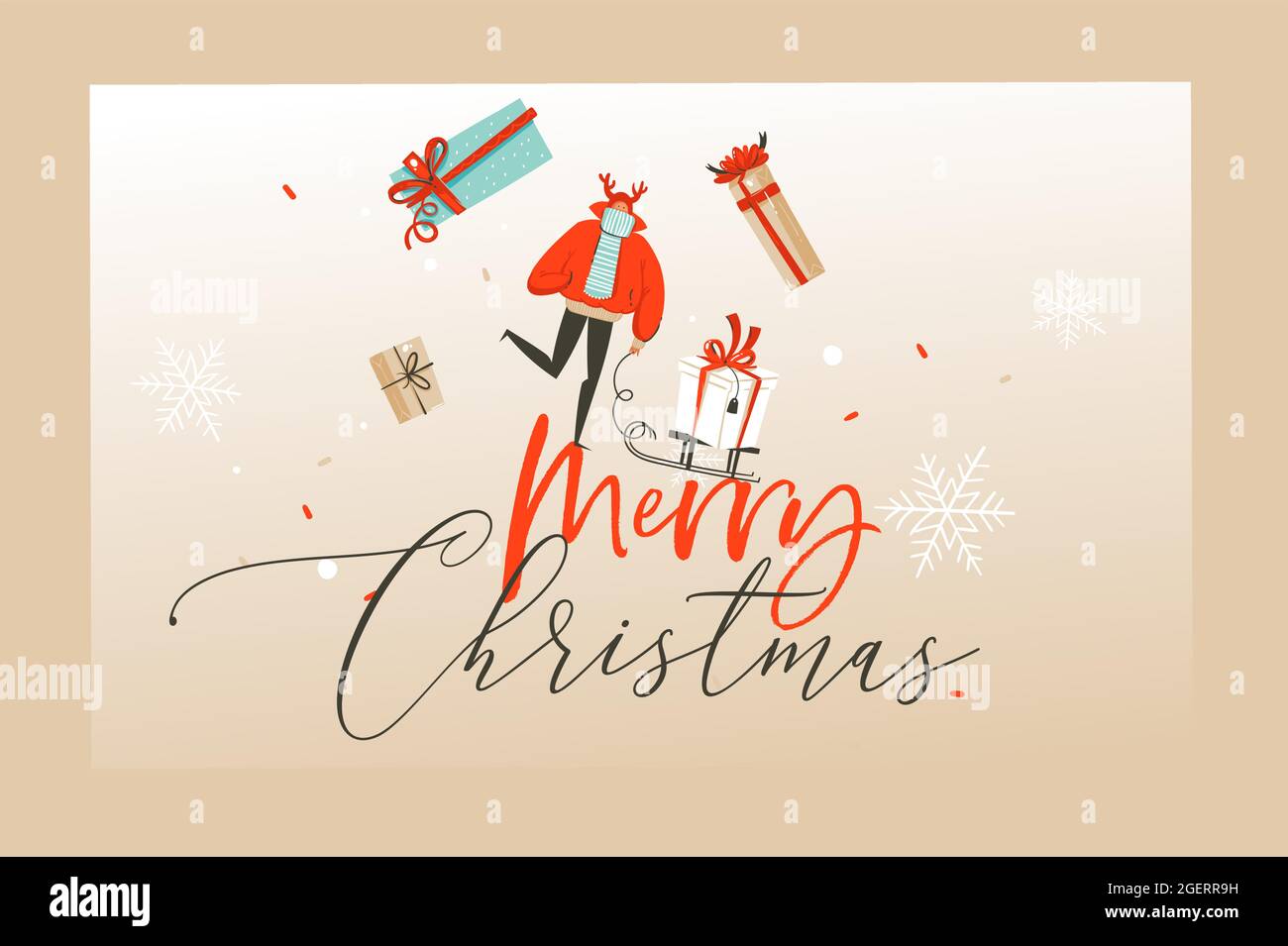 Vettore disegnato a mano astratto divertimento Merry Natale cartoon illustrazioni cartoncino di auguri, landing page e sfondo con scatole regalo e vacanze Illustrazione Vettoriale
