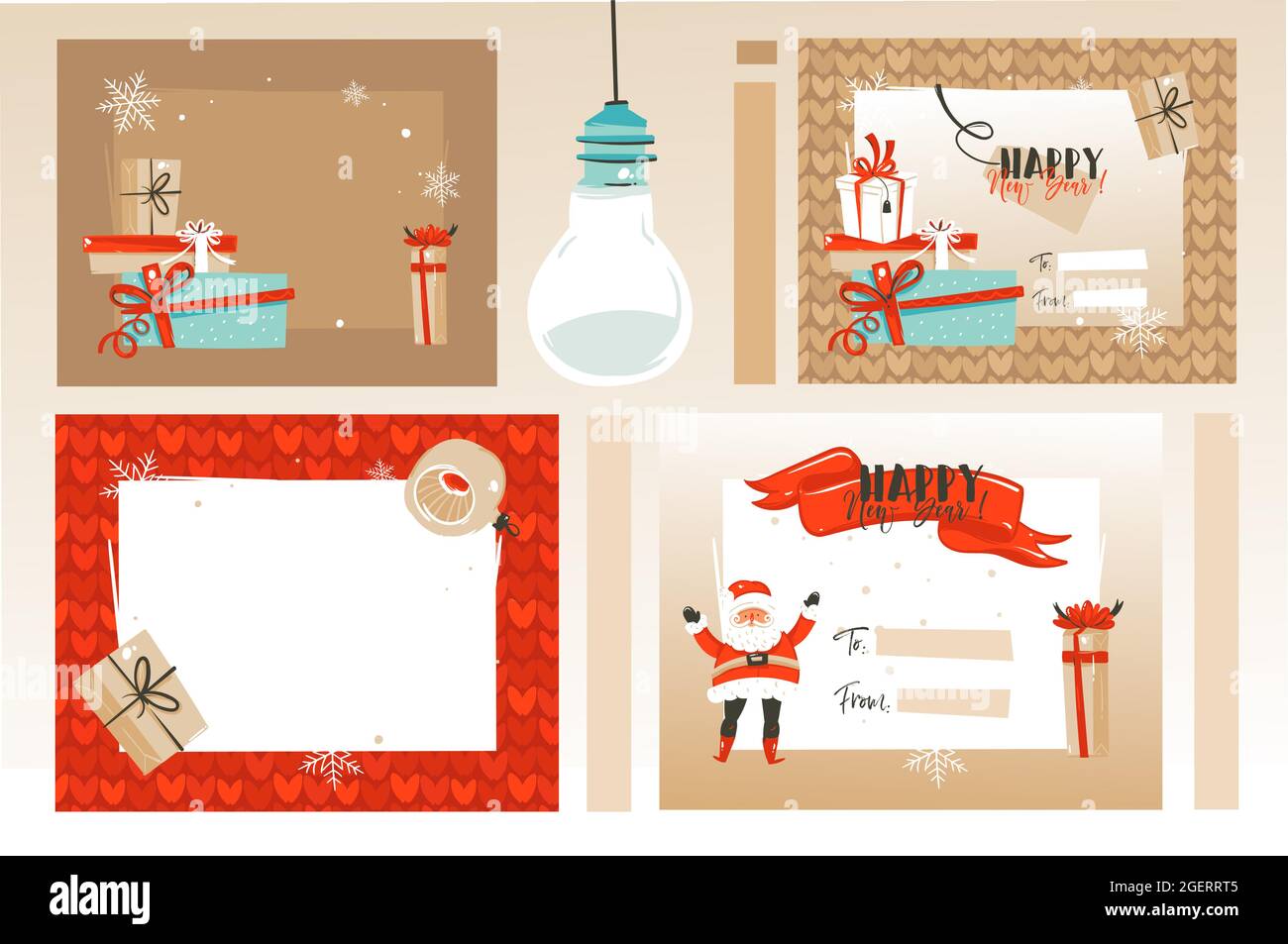 Vettore disegnato a mano astratto divertimento Merry Natale tempo cartoon illustrazioni biglietti d'auguri e sfondi collezione set con scatole regalo, albero di Natale Illustrazione Vettoriale