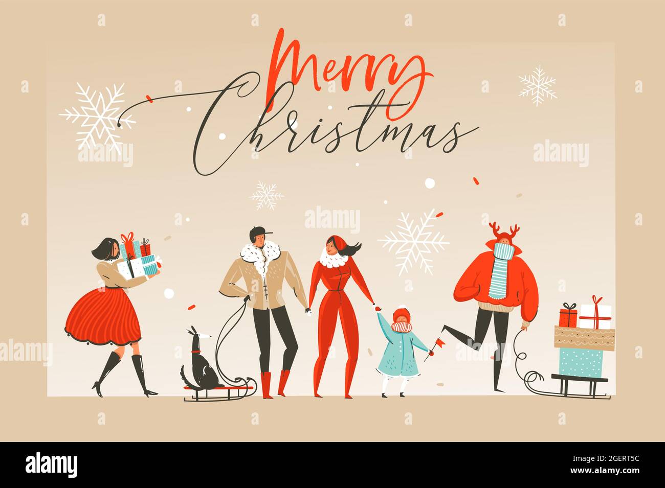 Vettore disegnato a mano astratto divertimento Merry Natale cartoon illustrazione biglietto di auguri con felice xmas mercato persone e nastro rosso con Natale Illustrazione Vettoriale