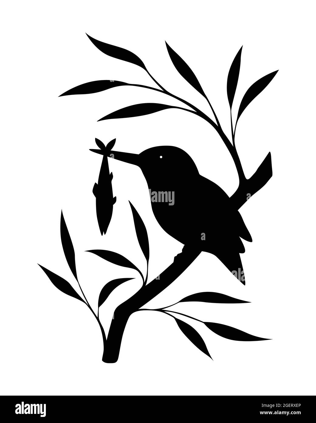 Bellissimo uccello catturato fish silhouette. Re pescatore uccello poggiato su un albero e mangiare vettore pesce. Illustrazione Vettoriale