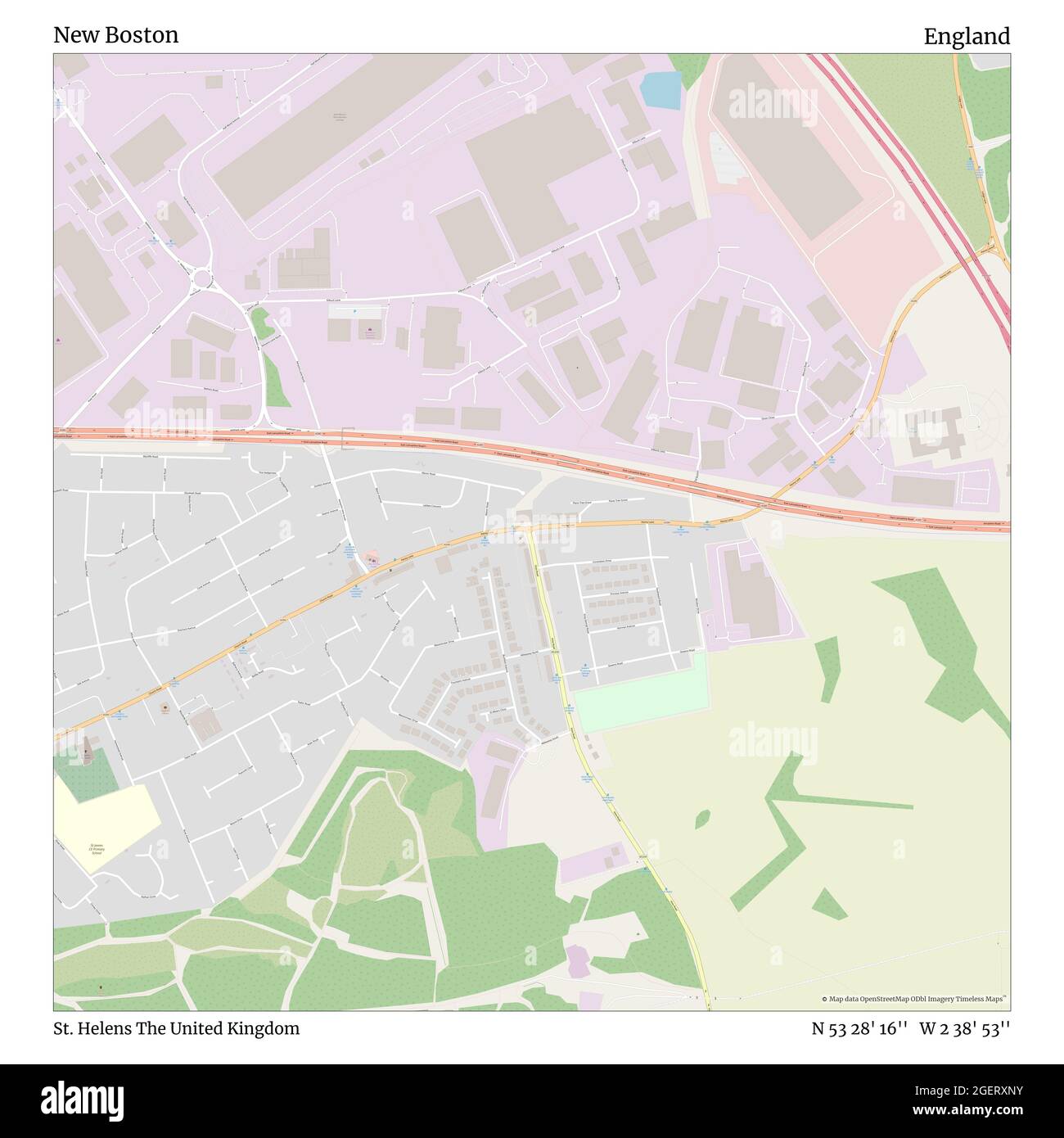 New Boston, St. Helens, Regno Unito, Inghilterra, N 53 28' 16'', W 2 38' 53''', mappa, mappa senza tempo pubblicata nel 2021. Viaggiatori, esploratori e avventurieri come Florence Nightingale, David Livingstone, Ernest Shackleton, Lewis and Clark e Sherlock Holmes si sono affidati alle mappe per pianificare i viaggi verso gli angoli più remoti del mondo, Timeless Maps sta mappando la maggior parte delle località del mondo, mostrando il successo di grandi sogni Foto Stock