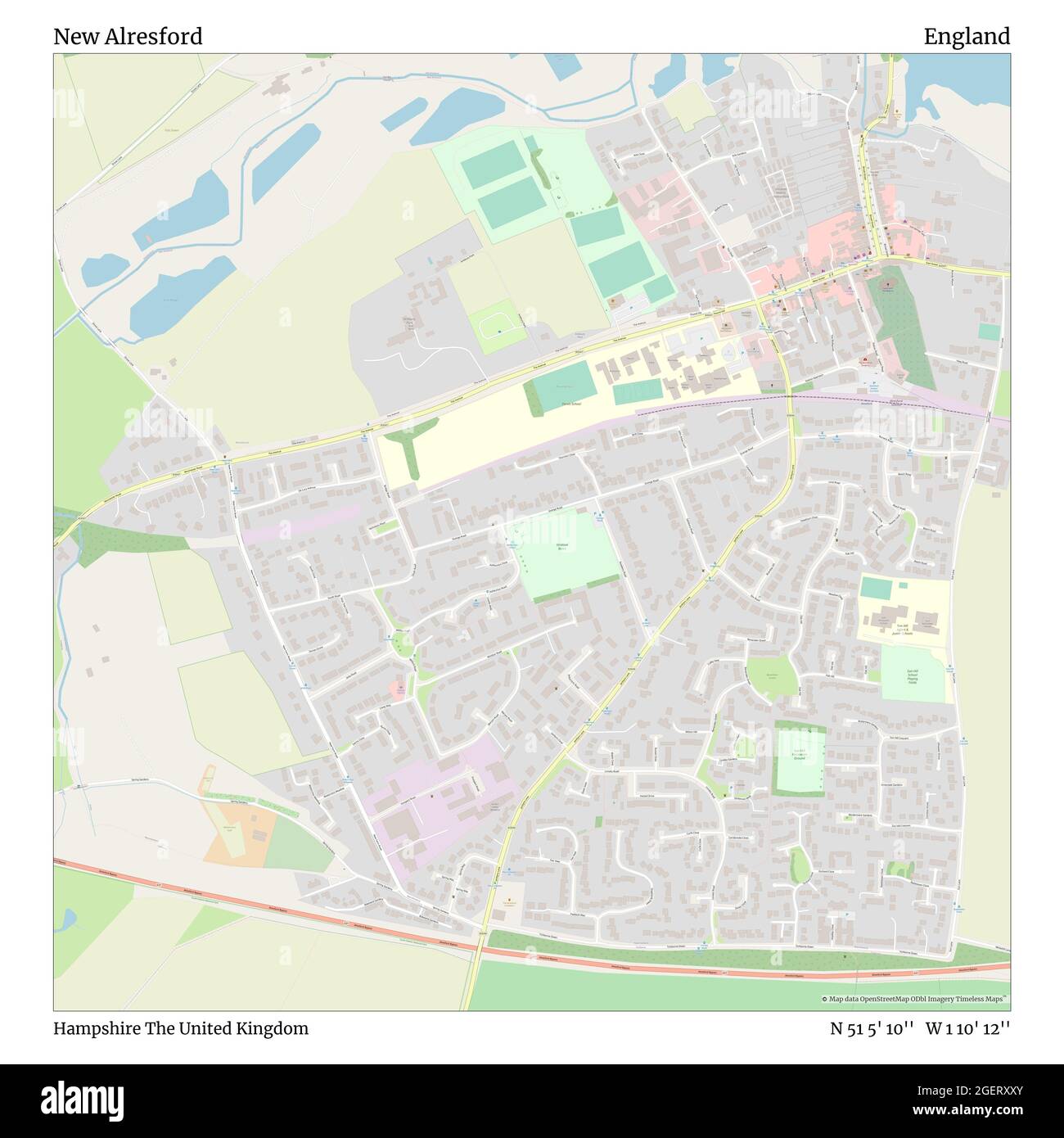 New Alresford, Hampshire, Regno Unito, Inghilterra, N 51 5' 10'', W 1 10' 12''', mappa, mappa senza tempo pubblicata nel 2021. Viaggiatori, esploratori e avventurieri come Florence Nightingale, David Livingstone, Ernest Shackleton, Lewis and Clark e Sherlock Holmes si sono affidati alle mappe per pianificare i viaggi verso gli angoli più remoti del mondo, Timeless Maps sta mappando la maggior parte delle località del mondo, mostrando il successo di grandi sogni Foto Stock