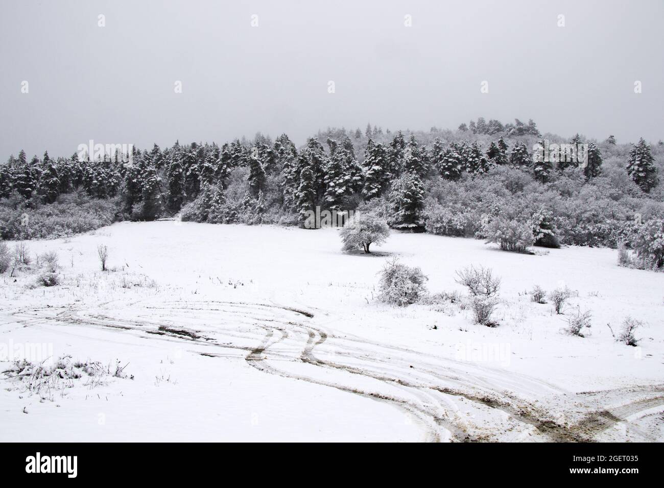 Vista agghiacciante dei percorsi auto sul campo innevato in Georgia Foto Stock