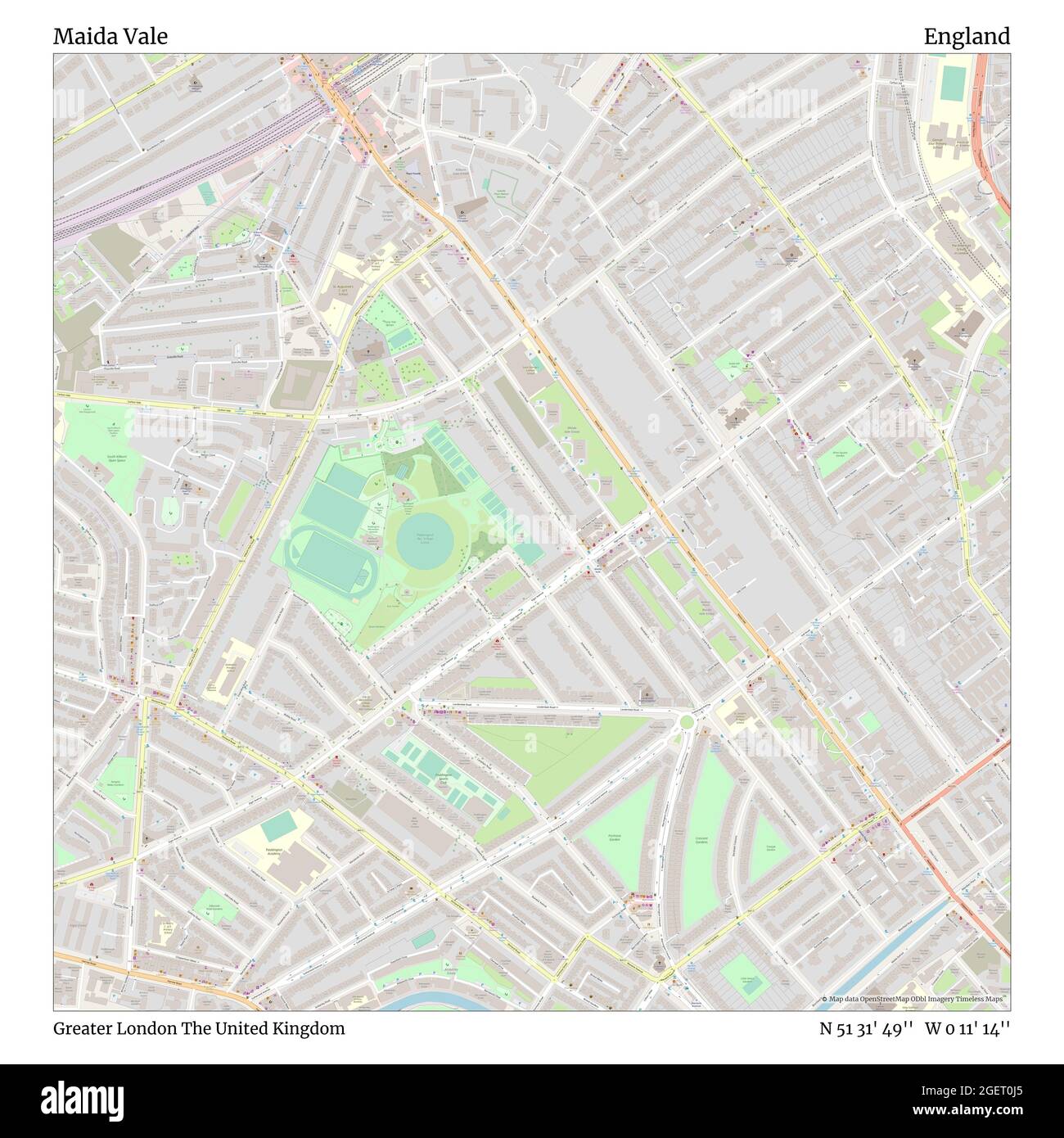 Maida vale, Greater London, Regno Unito, Inghilterra, N 51 31' 49'', W 0 11' 14''', mappa, mappa senza tempo pubblicata nel 2021. Viaggiatori, esploratori e avventurieri come Florence Nightingale, David Livingstone, Ernest Shackleton, Lewis and Clark e Sherlock Holmes si sono affidati alle mappe per pianificare i viaggi verso gli angoli più remoti del mondo, Timeless Maps sta mappando la maggior parte delle località del mondo, mostrando il successo di grandi sogni Foto Stock