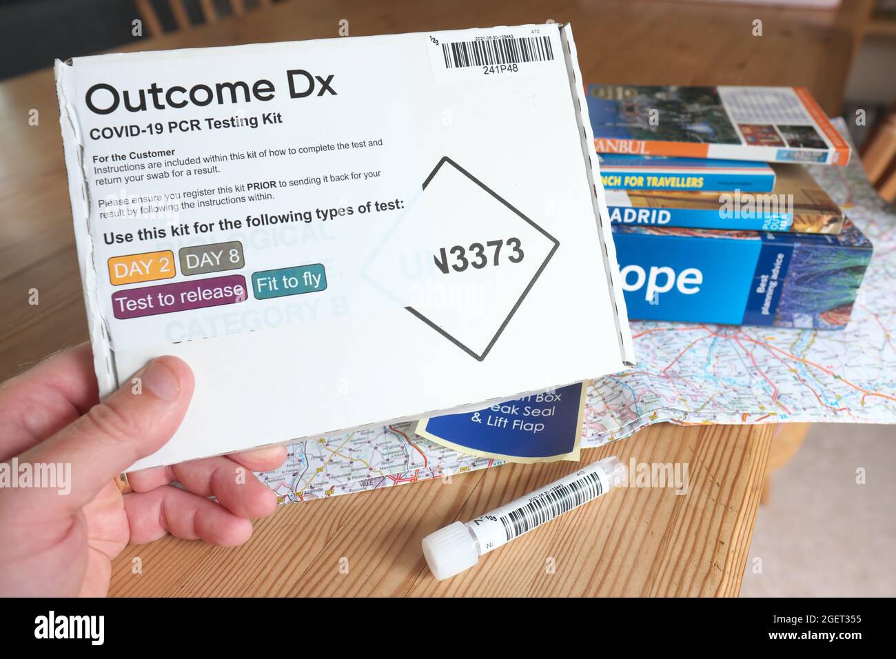 Coronavirus Covid-19 PCR home test kit come usato da viaggiatori di ritorno nel Regno Unito agosto 2021 Foto Stock