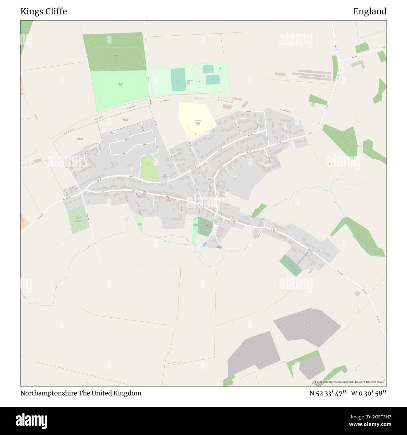 Kings Cliffe, Northamptonshire, Regno Unito, Inghilterra, N 52 33' 47'', W 0 30' 58''', mappa, Mappa senza tempo pubblicata nel 2021. Viaggiatori, esploratori e avventurieri come Florence Nightingale, David Livingstone, Ernest Shackleton, Lewis and Clark e Sherlock Holmes si sono affidati alle mappe per pianificare i viaggi verso gli angoli più remoti del mondo, Timeless Maps sta mappando la maggior parte delle località del mondo, mostrando il successo di grandi sogni Foto Stock