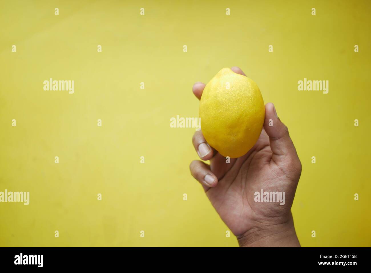 Tenere il limone giallo su sfondo giallo Foto Stock