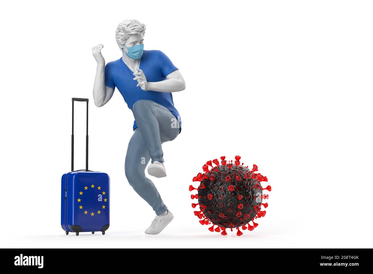 Tourist con tuta caso testurizzato con bandiera di UE spaventato dalla molecola del virus. Concetto pandemico. Rendering 3D Foto Stock