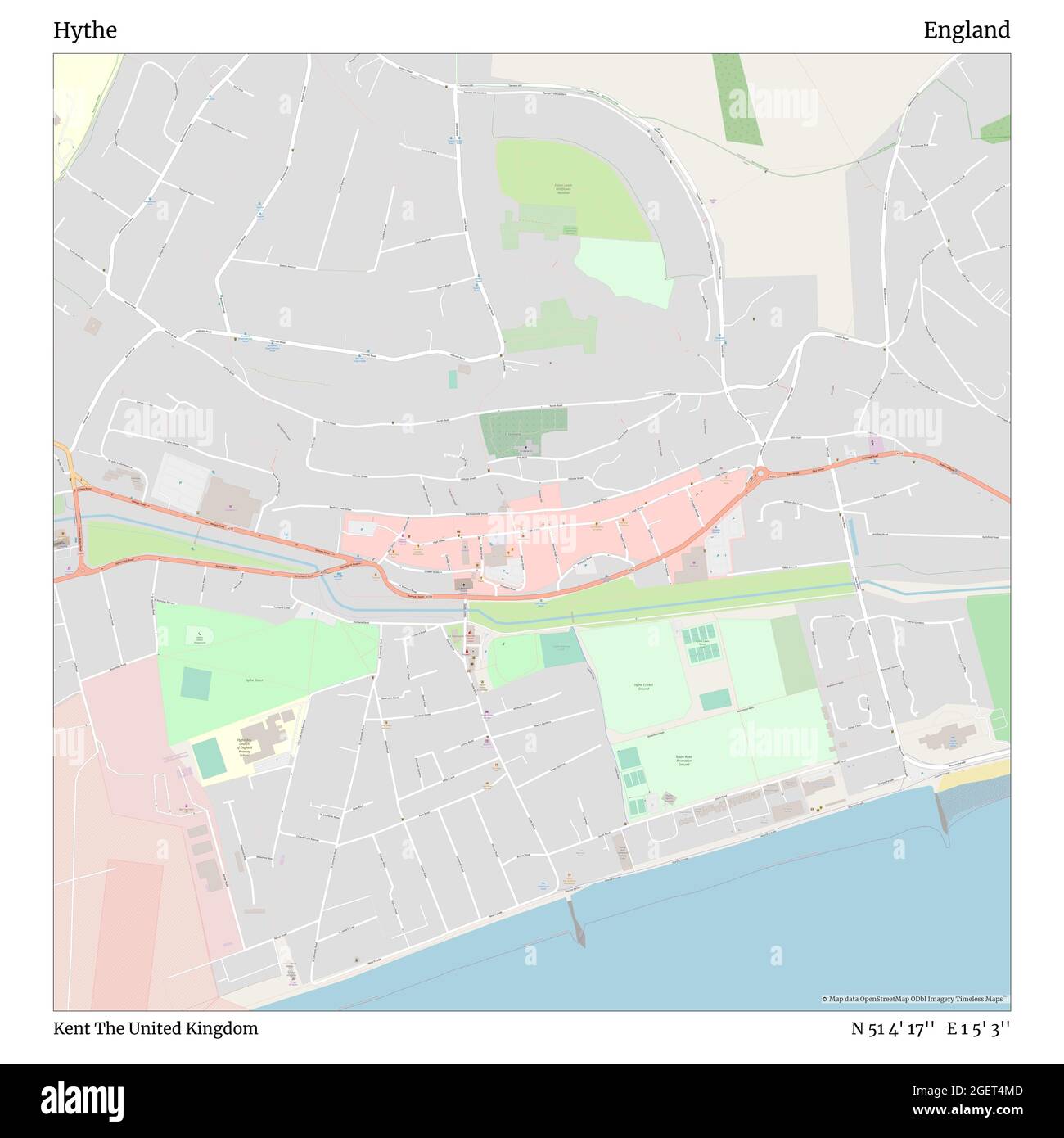 Hythe, Kent, Regno Unito, Inghilterra, N 51 4' 17'', e 1 5' 3''', mappa, mappa senza tempo pubblicata nel 2021. Viaggiatori, esploratori e avventurieri come Florence Nightingale, David Livingstone, Ernest Shackleton, Lewis and Clark e Sherlock Holmes si sono affidati alle mappe per pianificare i viaggi verso gli angoli più remoti del mondo, Timeless Maps sta mappando la maggior parte delle località del mondo, mostrando il successo di grandi sogni Foto Stock