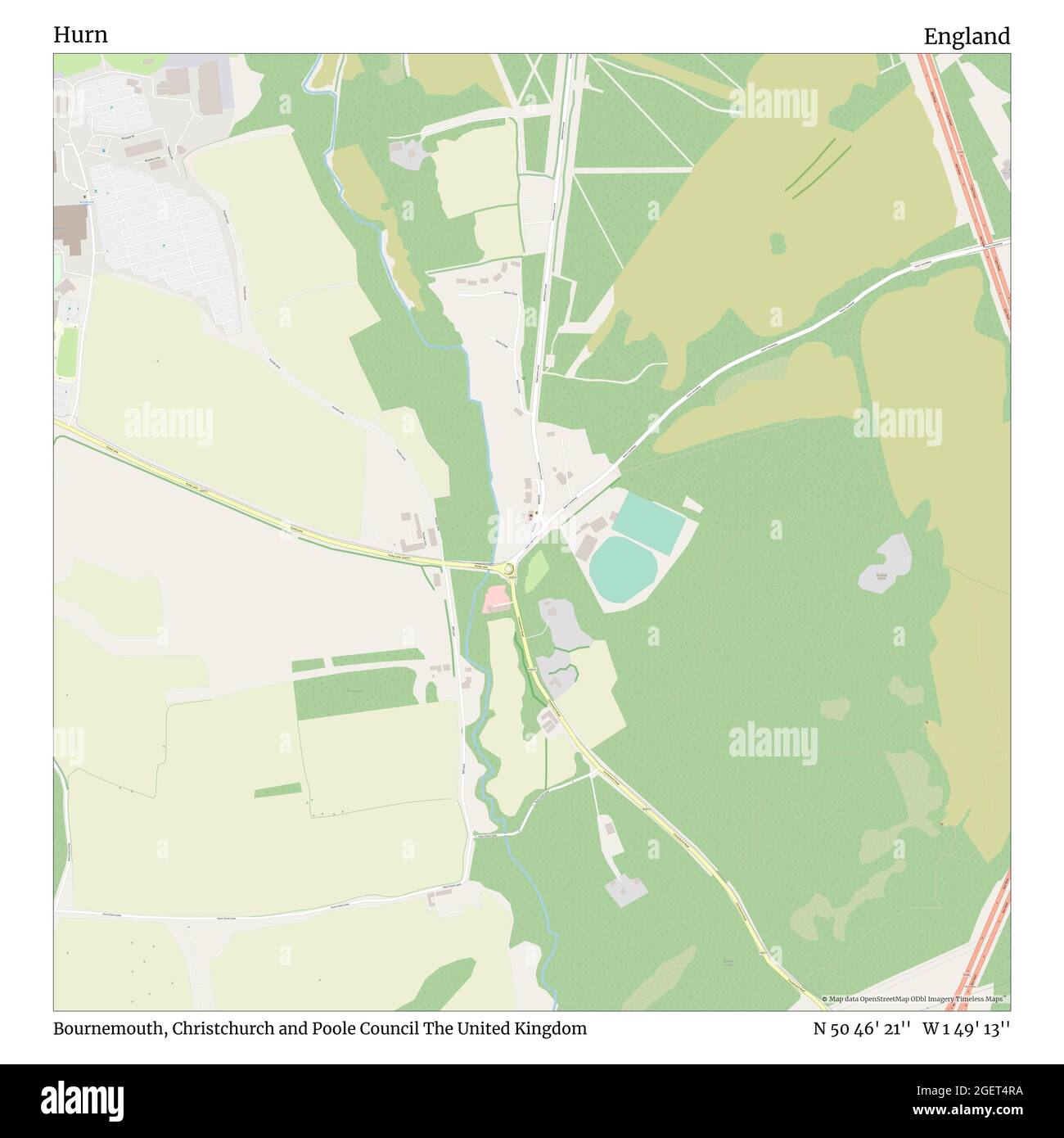 Hurn, Bournemouth, Christchurch and Poole Council, Regno Unito, Inghilterra, N 50 46' 21'', W 1 49' 13''', mappa, mappa senza tempo pubblicata nel 2021. Viaggiatori, esploratori e avventurieri come Florence Nightingale, David Livingstone, Ernest Shackleton, Lewis and Clark e Sherlock Holmes si sono affidati alle mappe per pianificare i viaggi verso gli angoli più remoti del mondo, Timeless Maps sta mappando la maggior parte delle località del mondo, mostrando il successo di grandi sogni Foto Stock