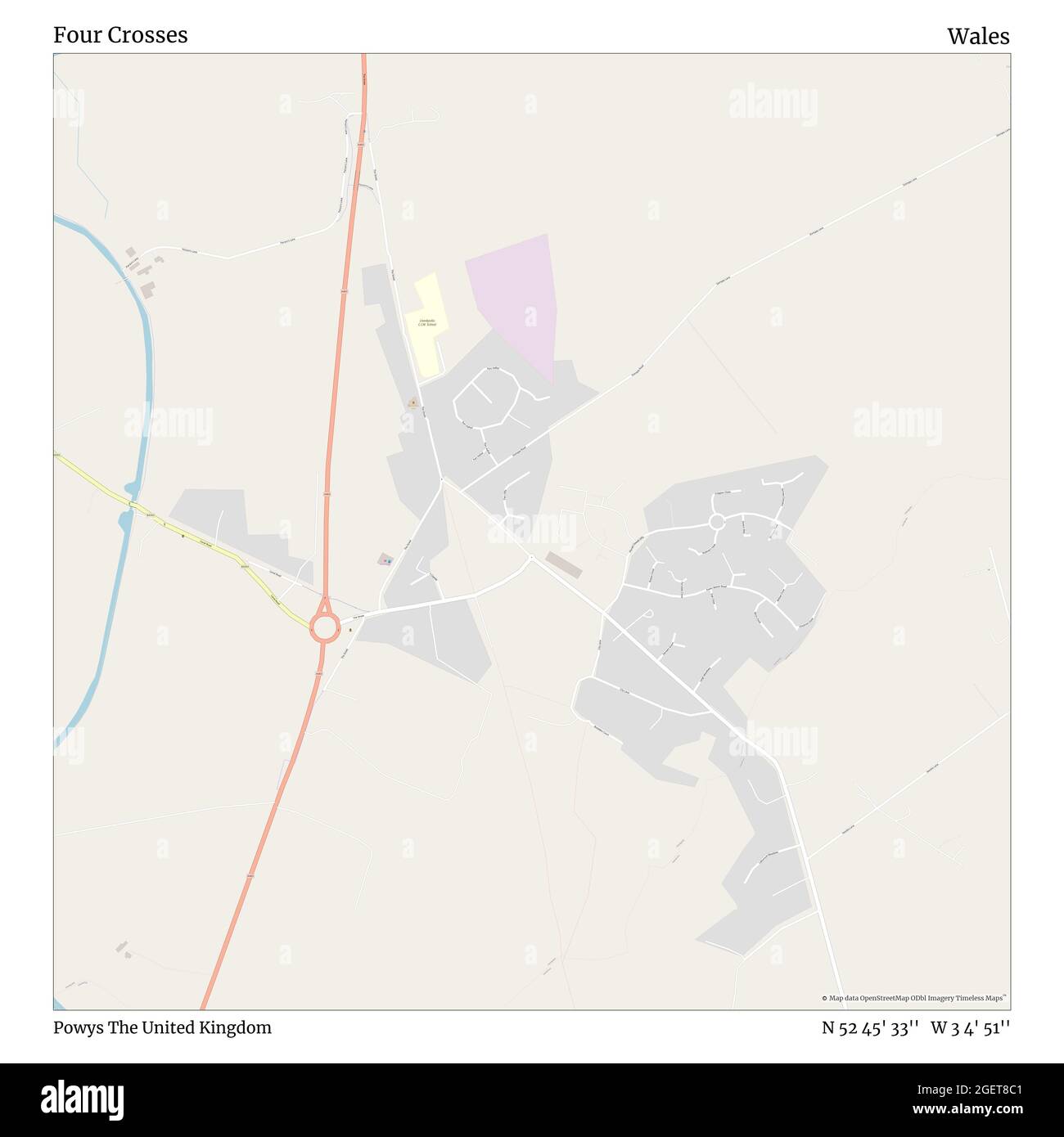 Four Crosses, Powys, Regno Unito, Galles, N 52 45' 33'', W 3 4' 51''', mappa, mappa senza tempo pubblicata nel 2021. Viaggiatori, esploratori e avventurieri come Florence Nightingale, David Livingstone, Ernest Shackleton, Lewis and Clark e Sherlock Holmes si sono affidati alle mappe per pianificare i viaggi verso gli angoli più remoti del mondo, Timeless Maps sta mappando la maggior parte delle località del mondo, mostrando il successo di grandi sogni Foto Stock