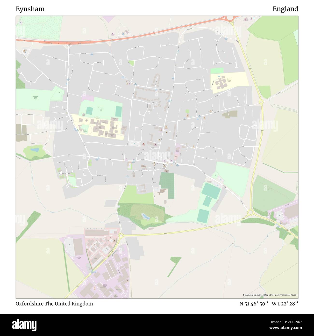 Eynsham, Oxfordshire, Regno Unito, Inghilterra, N 51 46' 50'', W 1 22' 28''', mappa, mappa senza tempo pubblicata nel 2021. Viaggiatori, esploratori e avventurieri come Florence Nightingale, David Livingstone, Ernest Shackleton, Lewis and Clark e Sherlock Holmes si sono affidati alle mappe per pianificare i viaggi verso gli angoli più remoti del mondo, Timeless Maps sta mappando la maggior parte delle località del mondo, mostrando il successo di grandi sogni Foto Stock