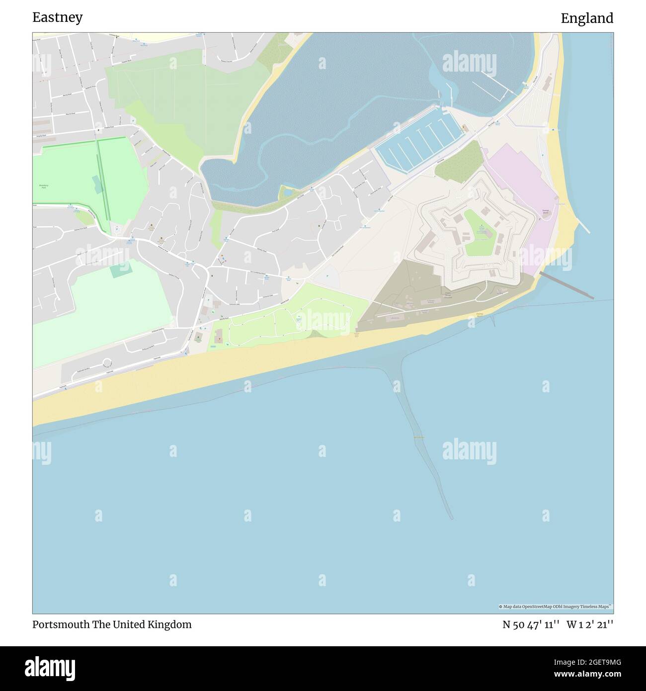 Eastney, Portsmouth, Regno Unito, Inghilterra, N 50 47' 11'', W 1 2' 21''', mappa, mappa senza tempo pubblicata nel 2021. Viaggiatori, esploratori e avventurieri come Florence Nightingale, David Livingstone, Ernest Shackleton, Lewis and Clark e Sherlock Holmes si sono affidati alle mappe per pianificare i viaggi verso gli angoli più remoti del mondo, Timeless Maps sta mappando la maggior parte delle località del mondo, mostrando il successo di grandi sogni Foto Stock