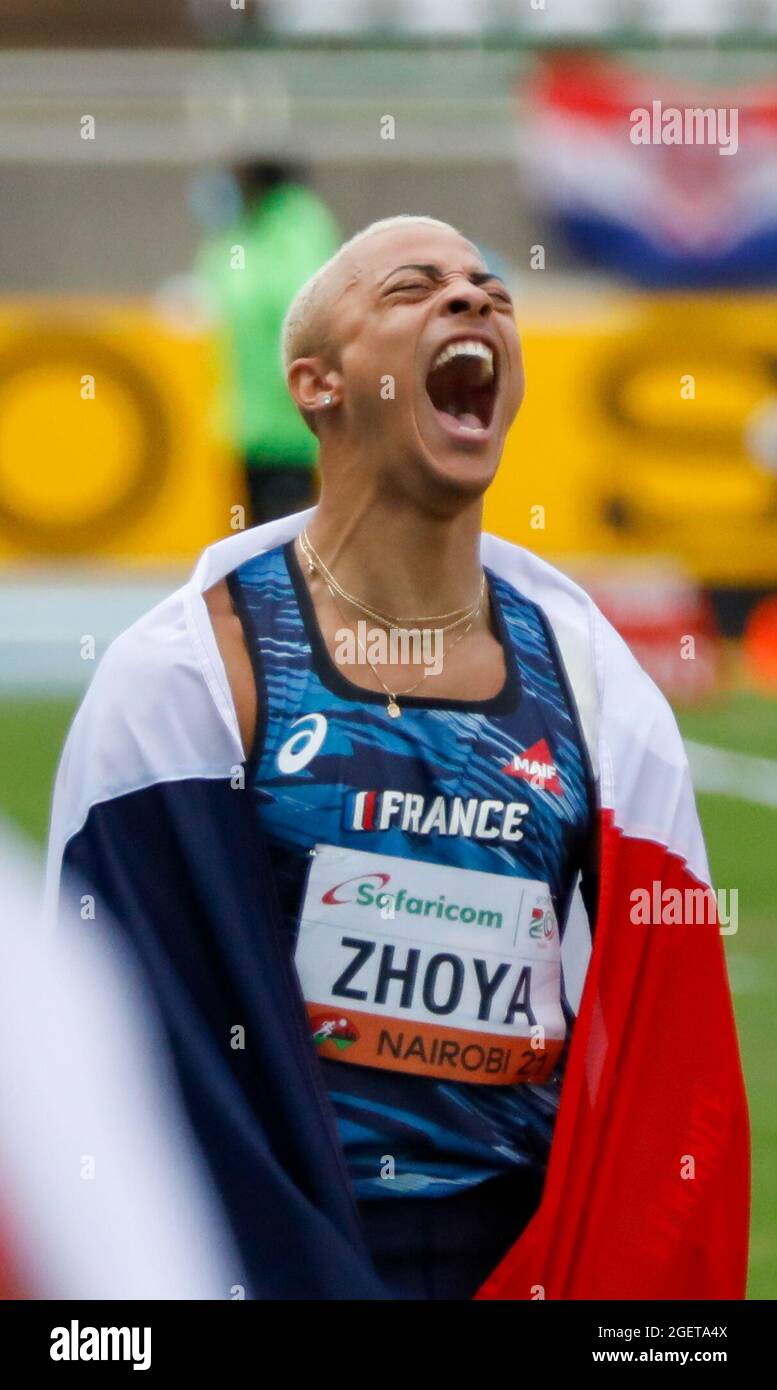 Nairobi, Kenya. 21 Agosto 2021. Sasha Zhoya di Francia reagisce dopo la finale maschile di 110m di ostacoli (99.0 cm) ai Campionati mondiali di atletica U20 del 2021 a Nairobi, Kenya, 21 agosto 2021. Credit: Zhang Yu/Xinhua/Alamy Live News Foto Stock