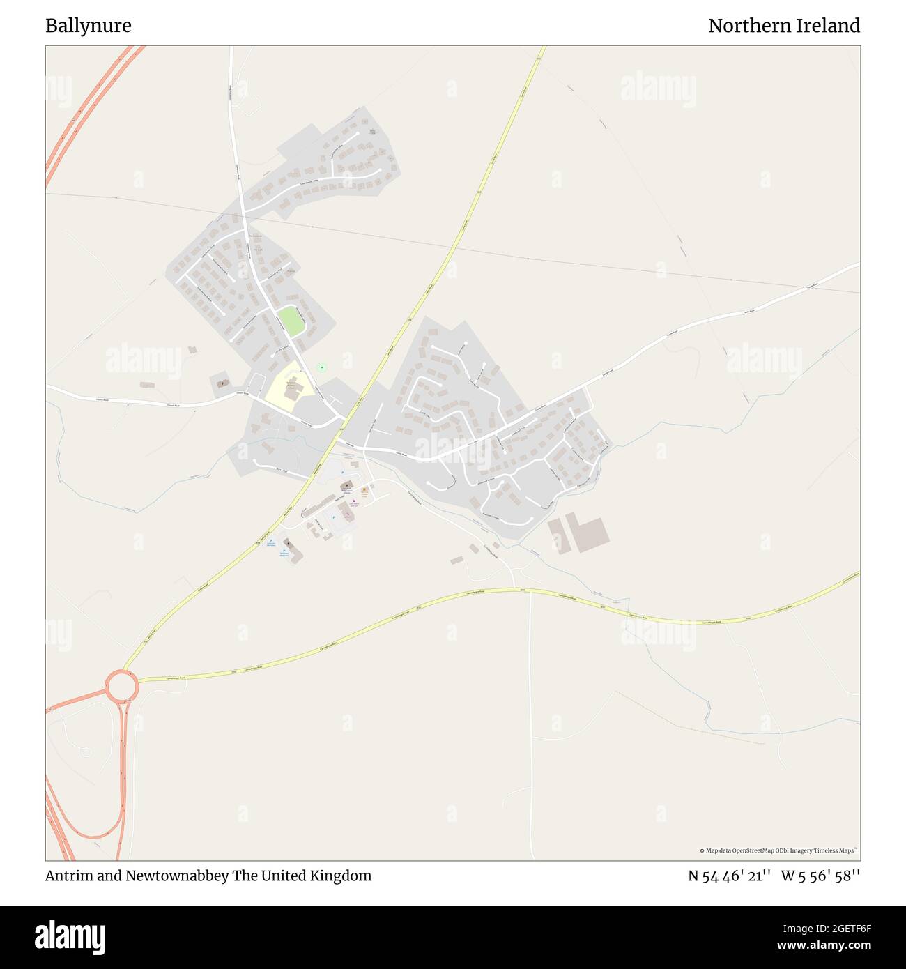 Ballynure, Antrim e Newtownabbey, Regno Unito, Irlanda del Nord, N 54 46' 21''', W 5 56' 58''', mappa, mappa senza tempo pubblicata nel 2021. Viaggiatori, esploratori e avventurieri come Florence Nightingale, David Livingstone, Ernest Shackleton, Lewis and Clark e Sherlock Holmes si sono affidati alle mappe per pianificare i viaggi verso gli angoli più remoti del mondo, Timeless Maps sta mappando la maggior parte delle località del mondo, mostrando il successo di grandi sogni Foto Stock