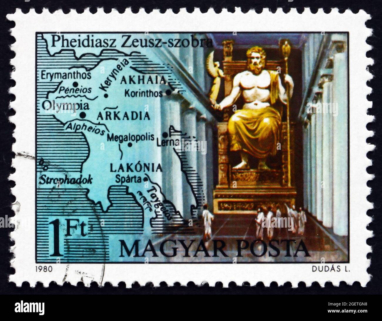 UNGHERIA - CIRCA 1980: Un francobollo stampato in Ungheria mostra Zeus, di Phidias, Olympia, sette meraviglie del mondo antico e mappa, circa 1980 Foto Stock
