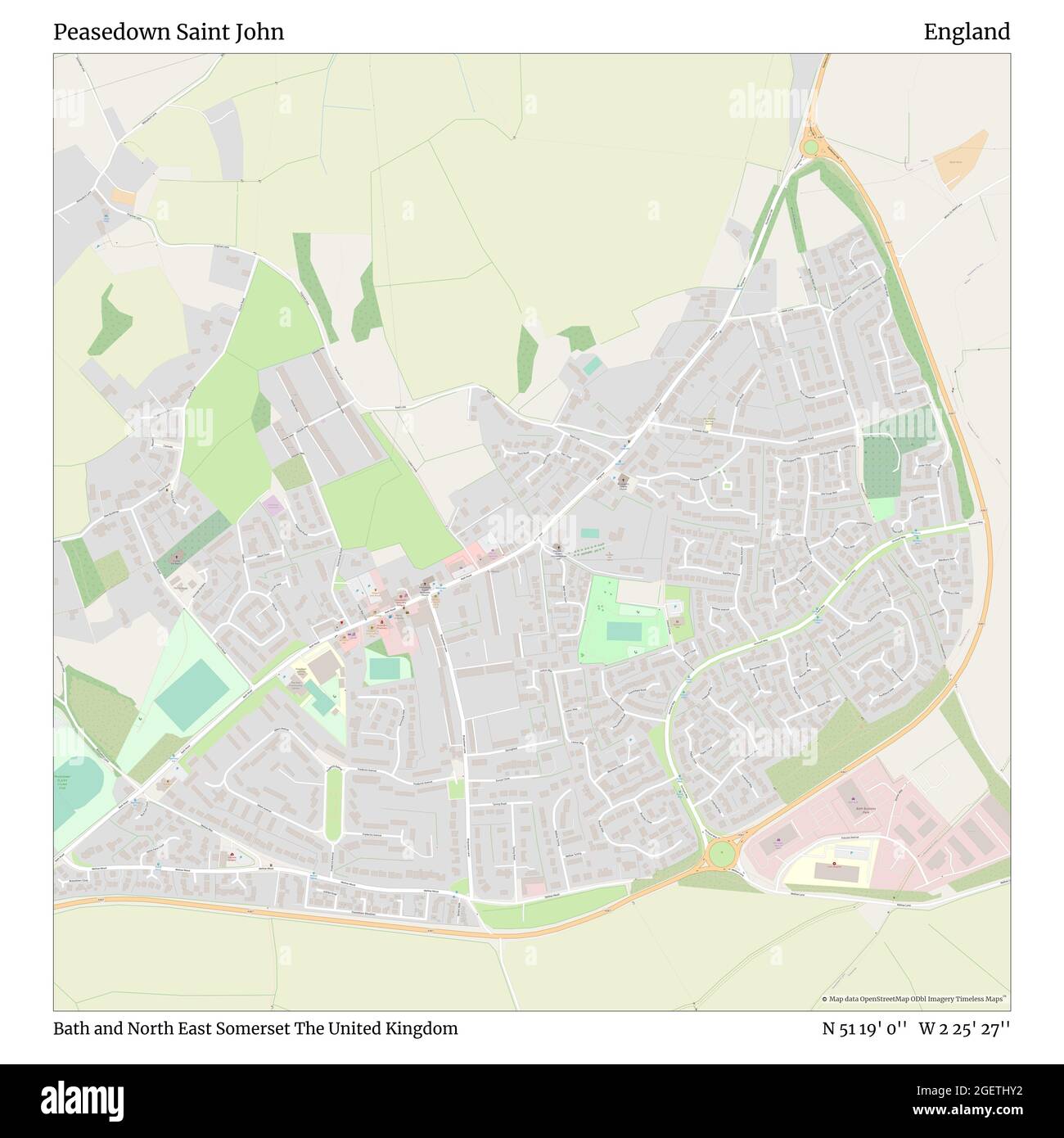 Peasedown Saint John, Bath e North East Somerset, Regno Unito, Inghilterra, N 51 19' 0'', W 2 25' 27''', mappa, Mappa senza tempo pubblicata nel 2021. Viaggiatori, esploratori e avventurieri come Florence Nightingale, David Livingstone, Ernest Shackleton, Lewis and Clark e Sherlock Holmes si sono affidati alle mappe per pianificare i viaggi verso gli angoli più remoti del mondo, Timeless Maps sta mappando la maggior parte delle località del mondo, mostrando il successo di grandi sogni Foto Stock