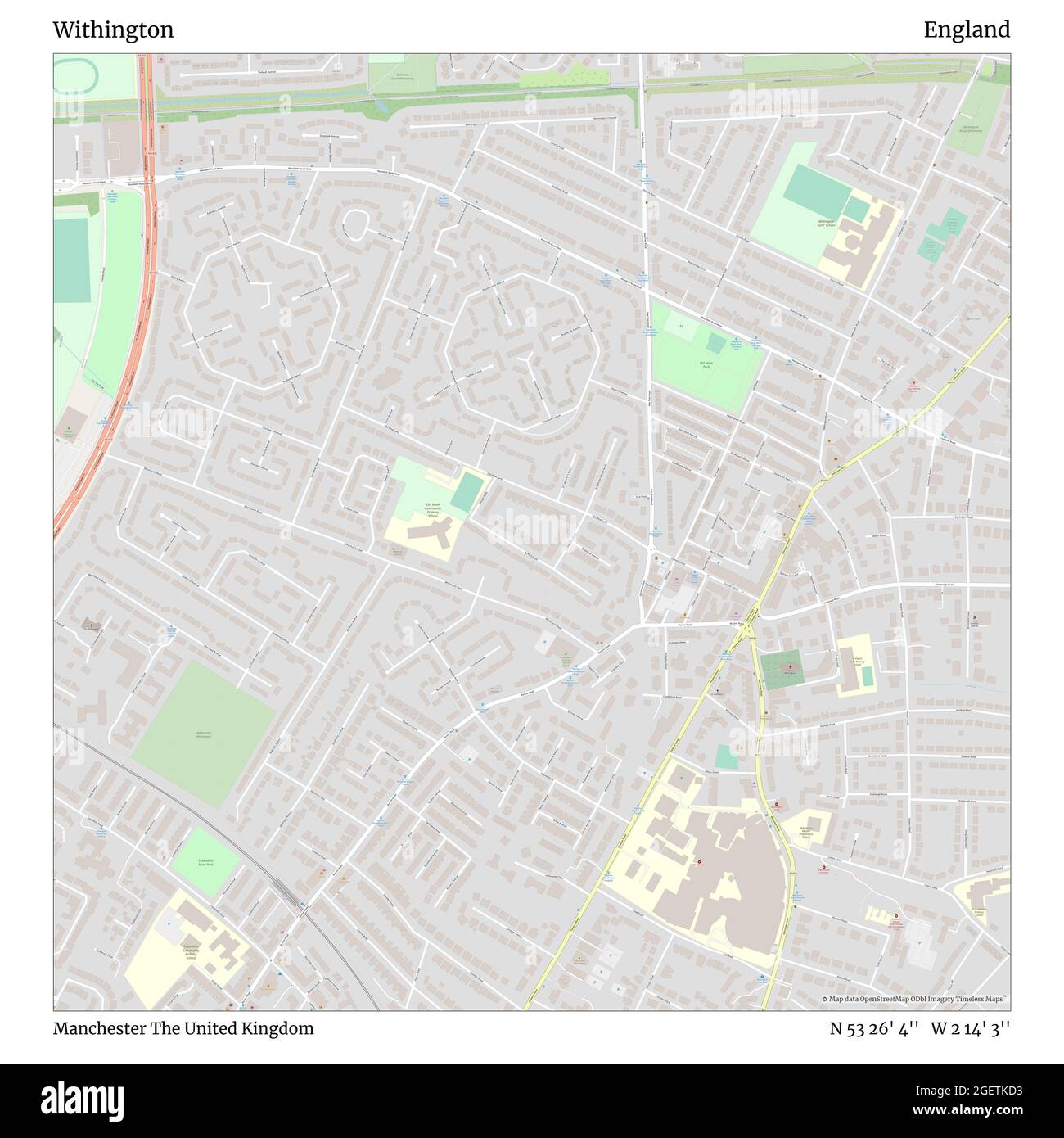 Withington, Manchester, Regno Unito, Inghilterra, N 53 26' 4'', W 2 14' 3''', mappa, mappa senza tempo pubblicata nel 2021. Viaggiatori, esploratori e avventurieri come Florence Nightingale, David Livingstone, Ernest Shackleton, Lewis and Clark e Sherlock Holmes si sono affidati alle mappe per pianificare i viaggi verso gli angoli più remoti del mondo, Timeless Maps sta mappando la maggior parte delle località del mondo, mostrando il successo di grandi sogni Foto Stock