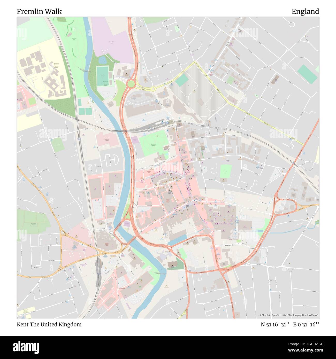 Fremlin Walk, Kent, Regno Unito, Inghilterra, N 51 16' 31'', e 0 31' 16''', mappa, mappa senza tempo pubblicata nel 2021. Viaggiatori, esploratori e avventurieri come Florence Nightingale, David Livingstone, Ernest Shackleton, Lewis and Clark e Sherlock Holmes si sono affidati alle mappe per pianificare i viaggi verso gli angoli più remoti del mondo, Timeless Maps sta mappando la maggior parte delle località del mondo, mostrando il successo di grandi sogni Foto Stock