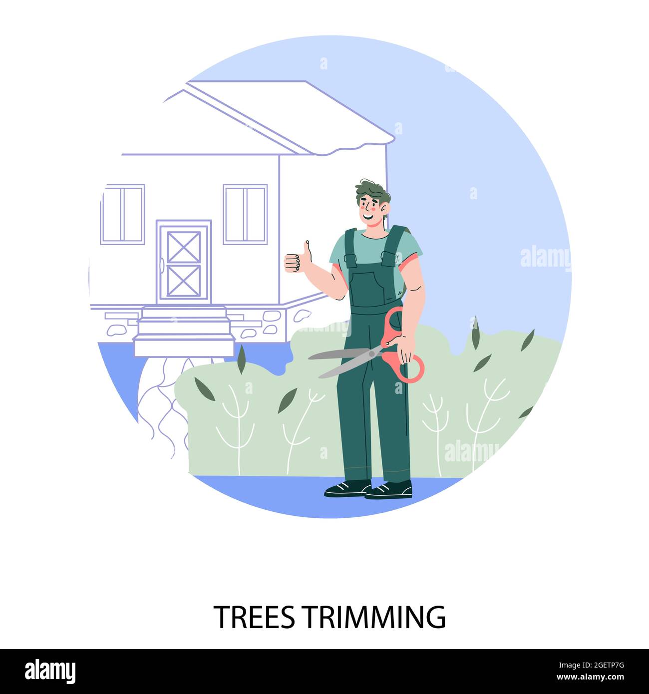 Alberi tagliando modello banner cerchio servizio con cartoon giardiniere, illustrazione vettoriale piatta isolato su sfondo bianco. Cura professionale del giardino a Illustrazione Vettoriale