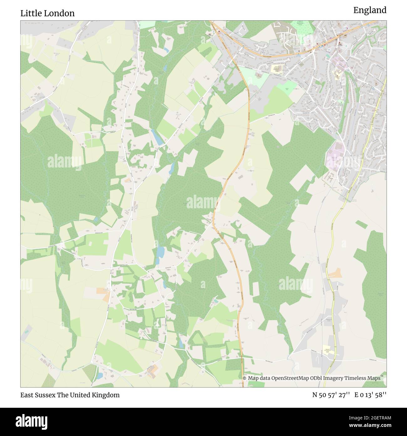 Little London, East Sussex, Regno Unito, Inghilterra, N 50 57' 27'', e 0 13' 58''', mappa, mappa senza tempo pubblicata nel 2021. Viaggiatori, esploratori e avventurieri come Florence Nightingale, David Livingstone, Ernest Shackleton, Lewis and Clark e Sherlock Holmes si sono affidati alle mappe per pianificare i viaggi verso gli angoli più remoti del mondo, Timeless Maps sta mappando la maggior parte delle località del mondo, mostrando il successo di grandi sogni Foto Stock