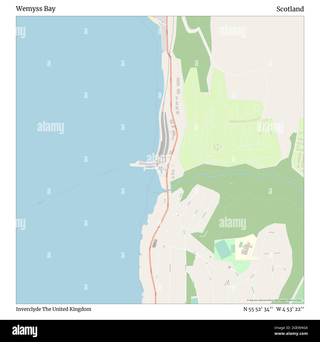 Wemyss Bay, Inverclyde, Regno Unito, Scozia, N 55 52' 34'', W 4 53' 22''', mappa, mappa senza tempo pubblicata nel 2021. Viaggiatori, esploratori e avventurieri come Florence Nightingale, David Livingstone, Ernest Shackleton, Lewis and Clark e Sherlock Holmes si sono affidati alle mappe per pianificare i viaggi verso gli angoli più remoti del mondo, Timeless Maps sta mappando la maggior parte delle località del mondo, mostrando il successo di grandi sogni Foto Stock