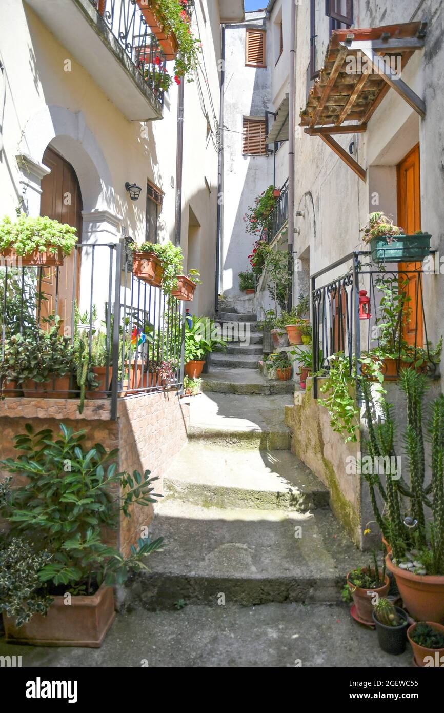 Una strada nel centro storico di Rivello, città medievale della Basilicata. Foto Stock