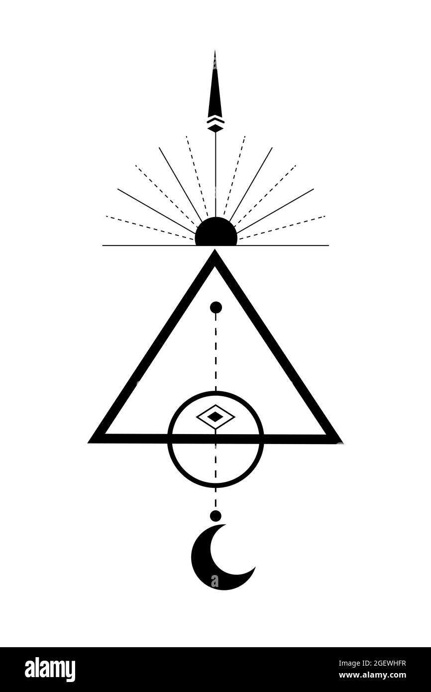 Geometria sacra, logo Triangolo con sole, luna crescente, alchimia esoterica mistica magica celestiale talismano. Occultismo spirituale oggetto isolato Illustrazione Vettoriale