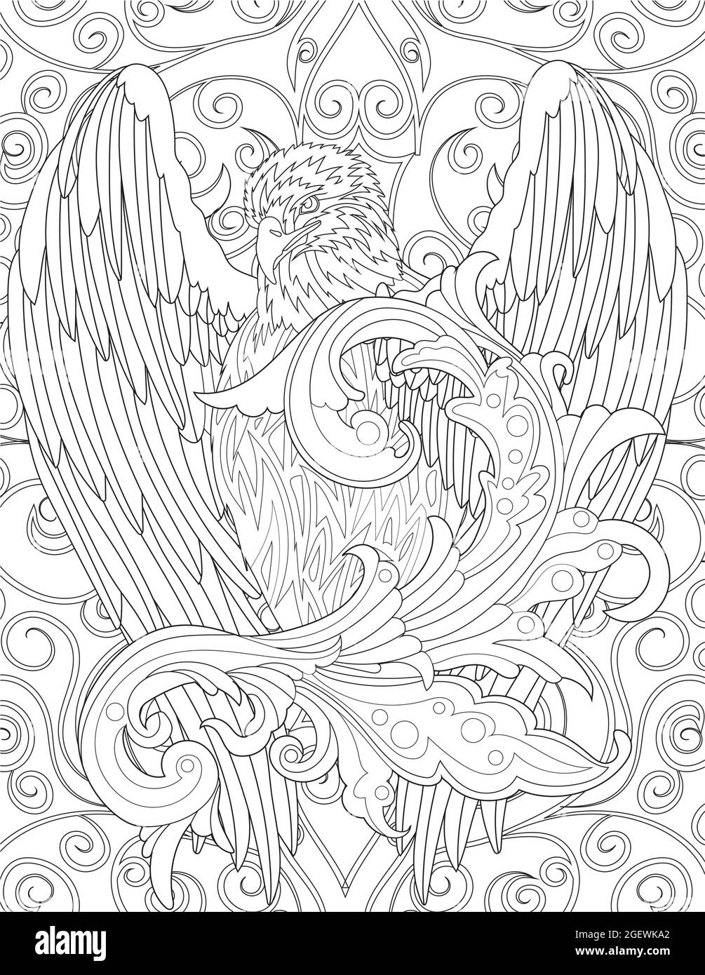 Falcon rivolto in avanti con Wings ampio disegno di linea incolore aperto. Bella Eagle spreading Feather coloring Book Page. Illustrazione Vettoriale